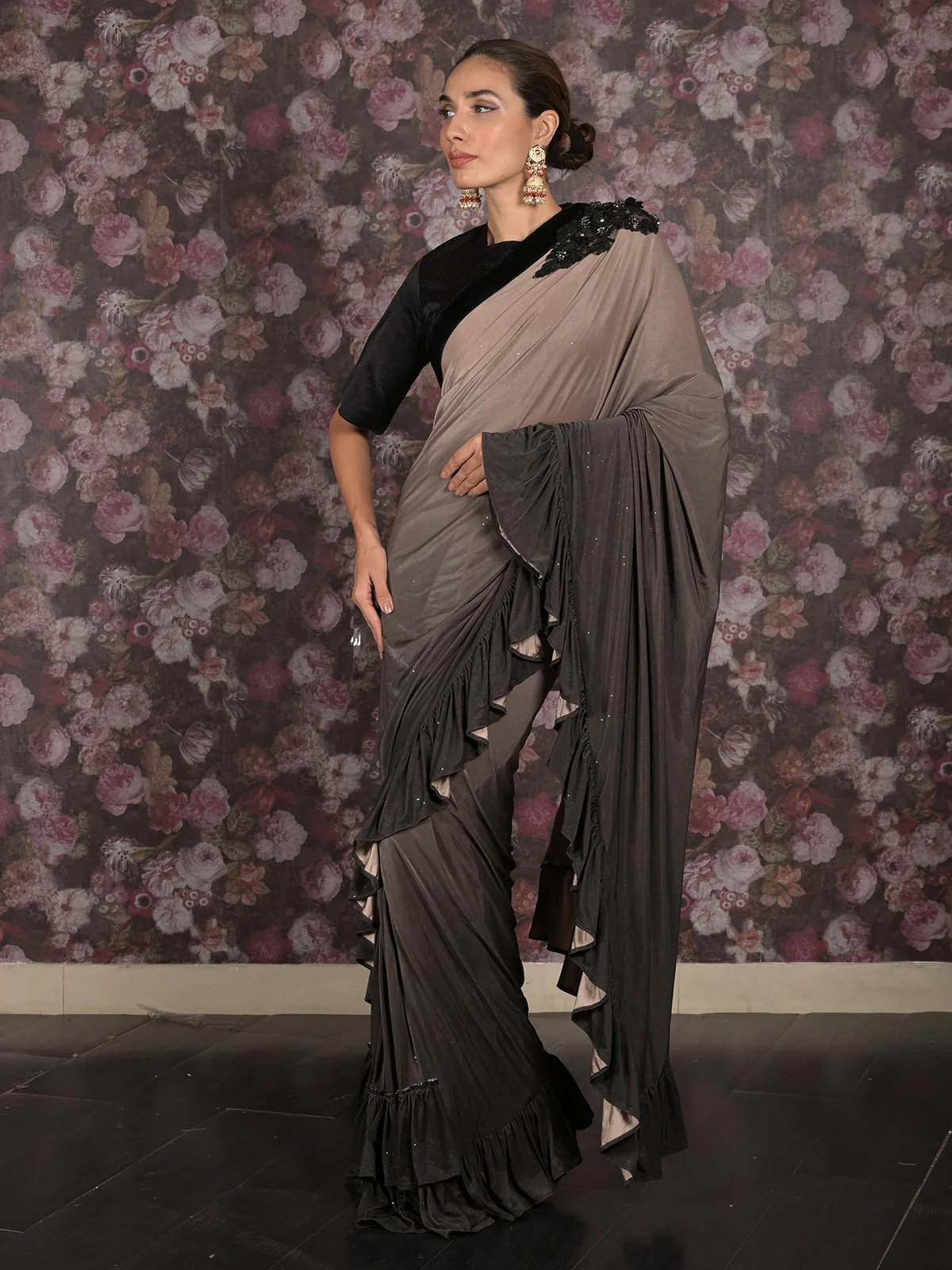 Odette Brown Embellished Lycra Ready-to-Wear Saree with Stitched Blouse for Women - Image 2