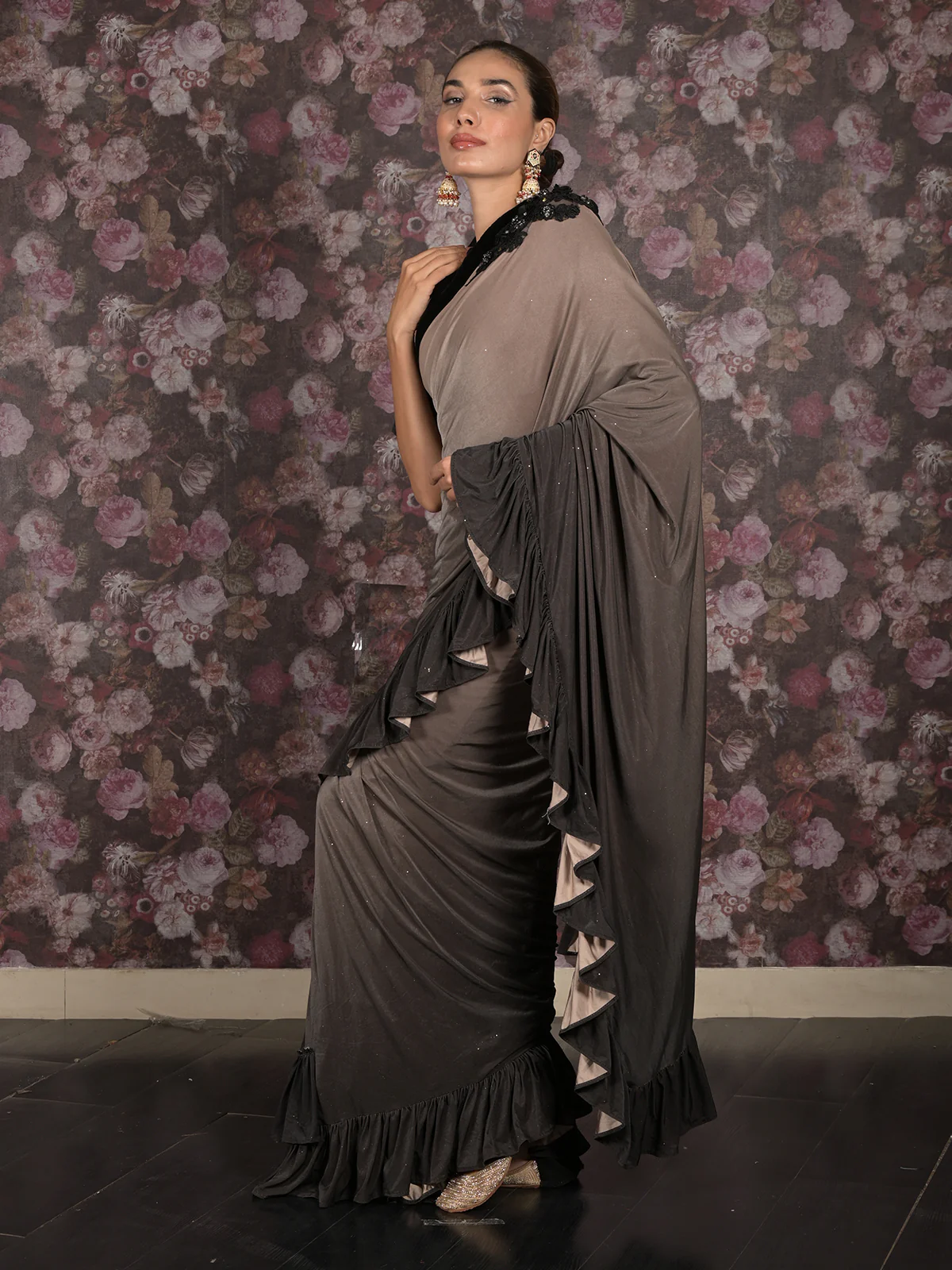 Odette Brown Embellished Lycra Ready-to-Wear Saree with Stitched Blouse for Women - Image 3