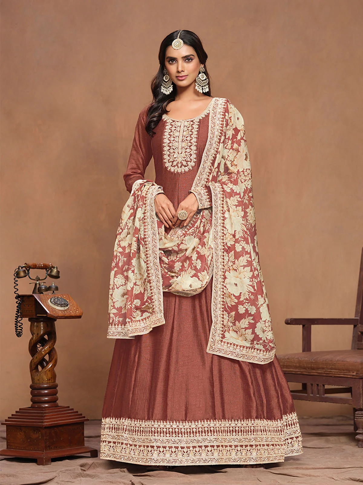 Odette Brown Embroidered Art Silk Semi Stitched Gown With Dupatta For Women - Image 2