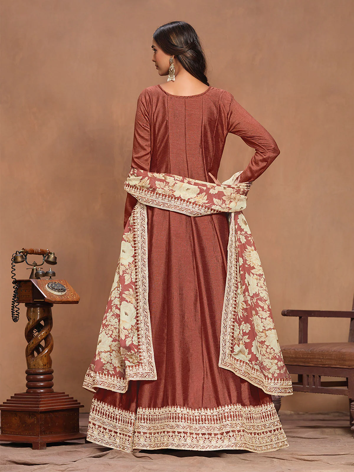 Odette Brown Embroidered Art Silk Semi Stitched Gown With Dupatta For Women - Image 4