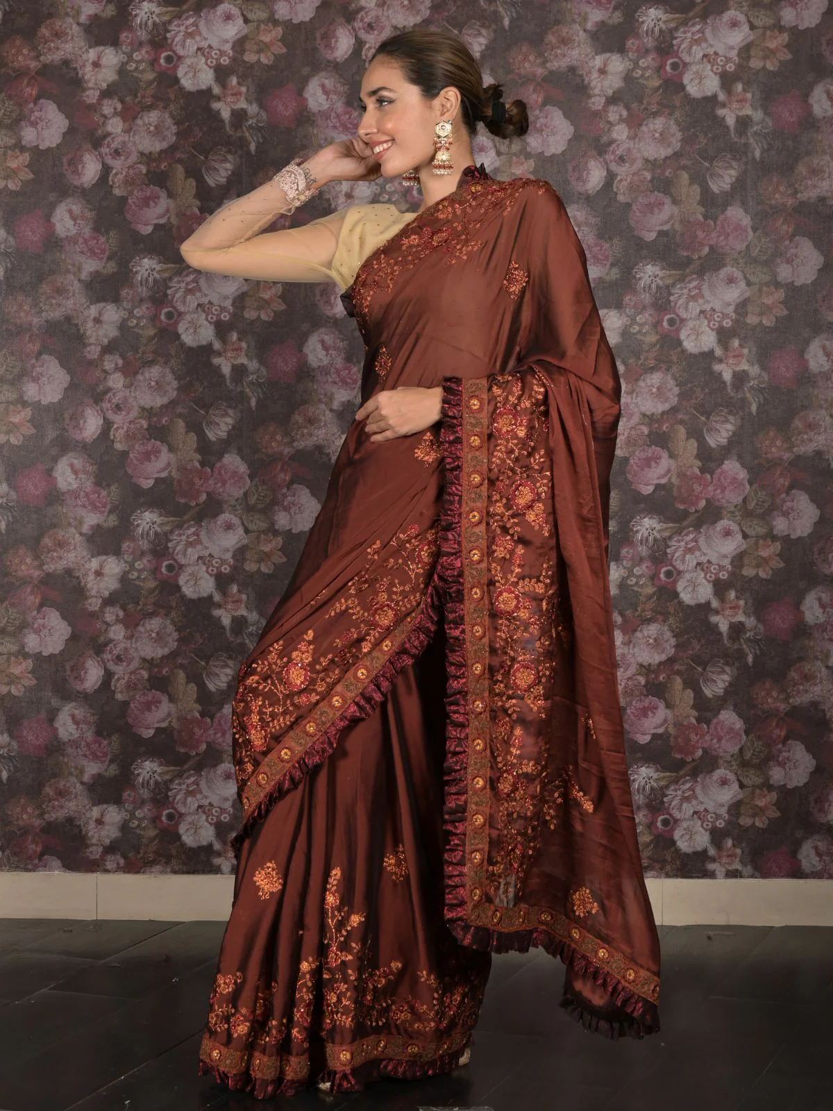 Odette Brown Embroidered Crepe Saree With Unstitched Blouse For Women - Image 3