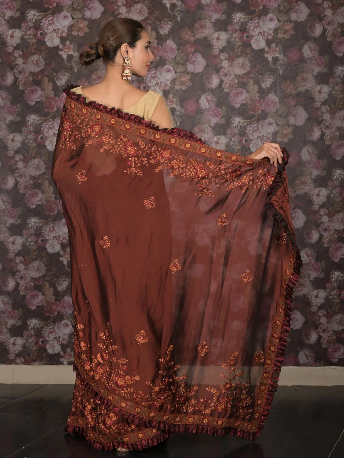 Odette Brown Embroidered Crepe Saree With Unstitched Blouse For Women - Image 4