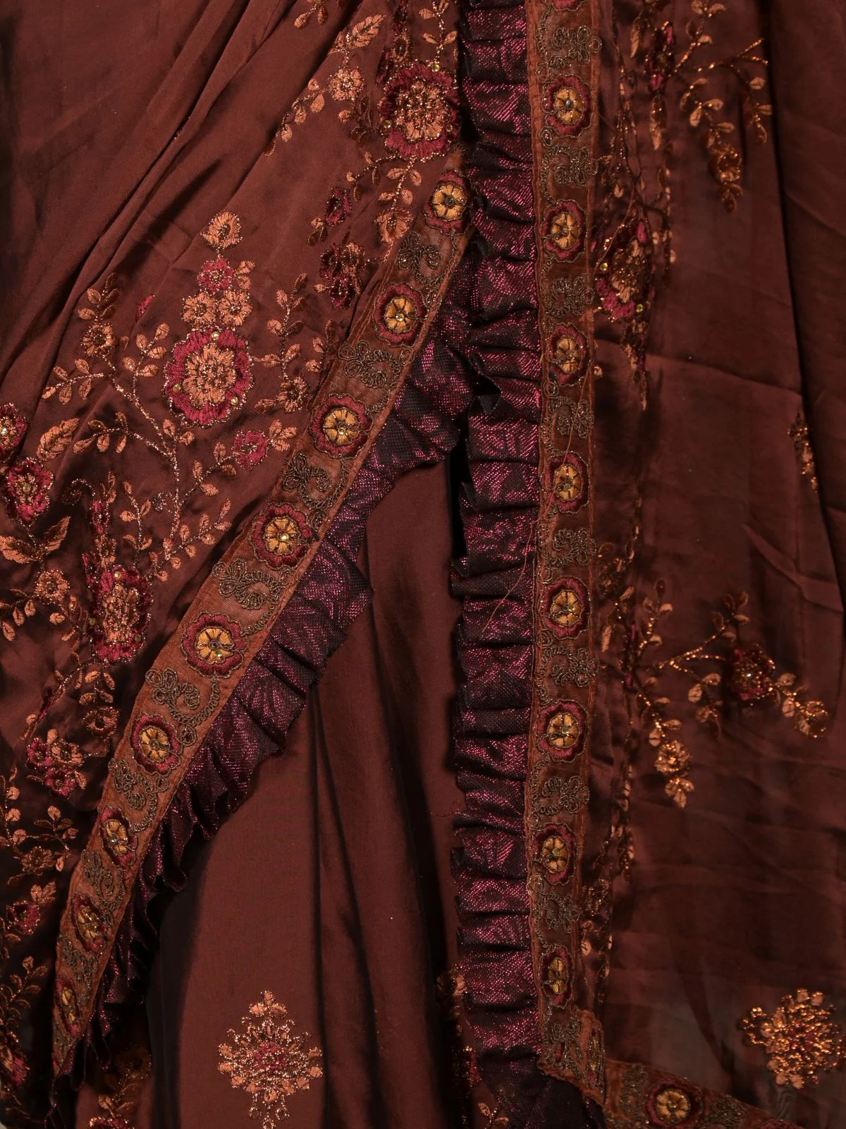 Odette Brown Embroidered Crepe Saree With Unstitched Blouse For Women - Image 5