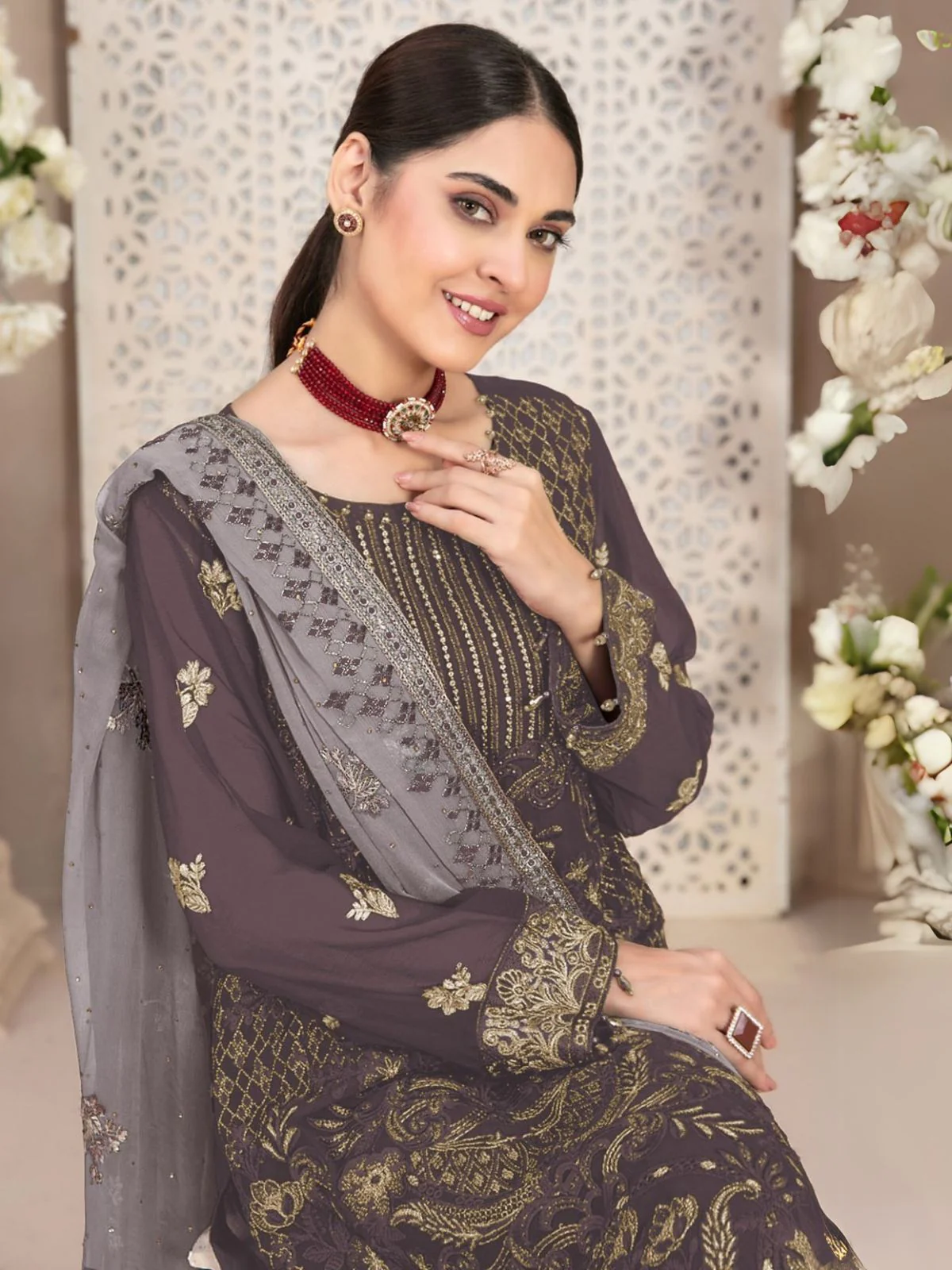 Odette Brown Embroidered Georgette Semi-Stitched Kurta Set For Women - Image 2