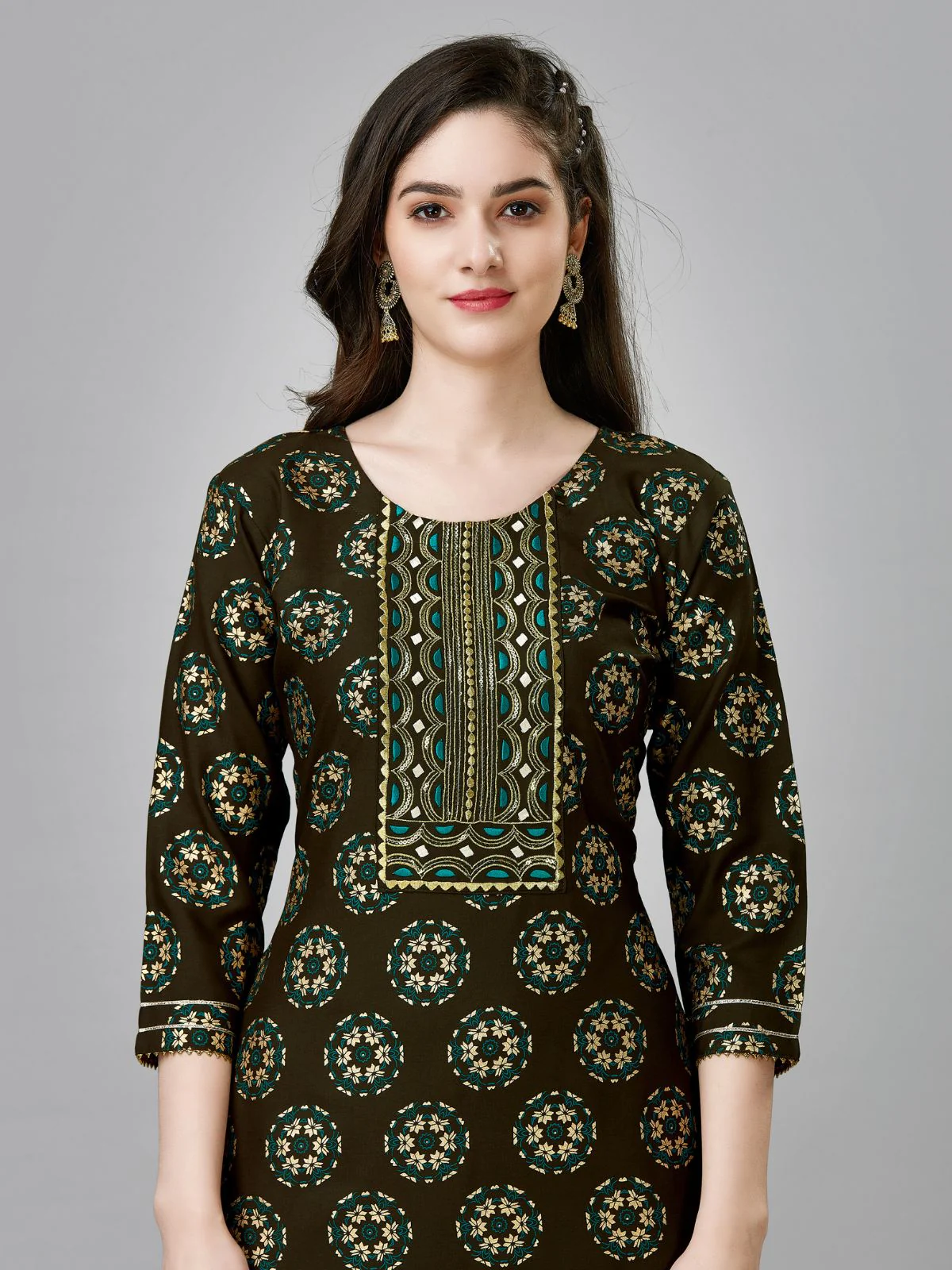 Odette Brown Embroidered Rayon Stitched Kurta Set For Women - Image 3