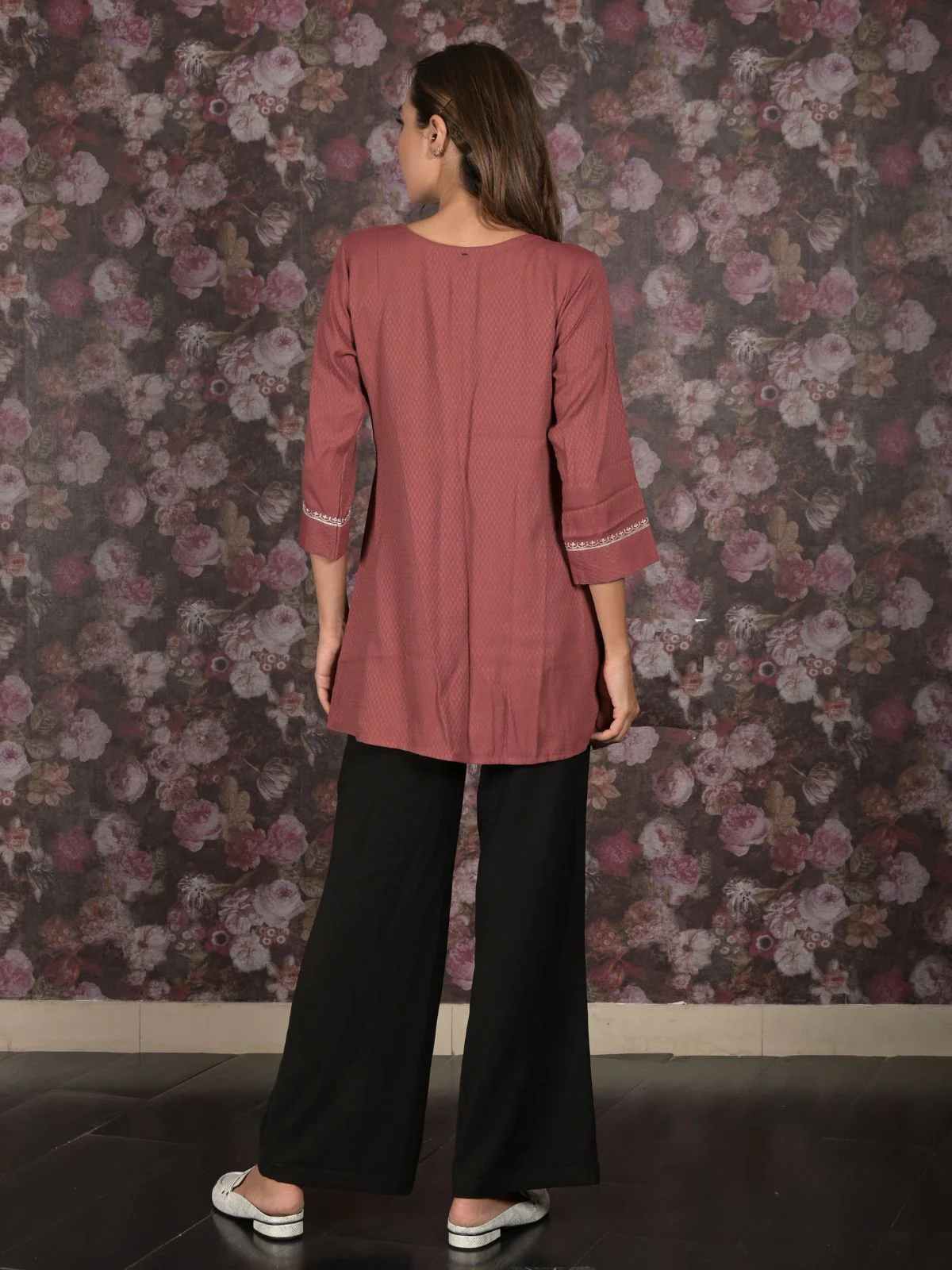 Odette Brown Flared Embroidered Stitched Kurta For Women - Image 4