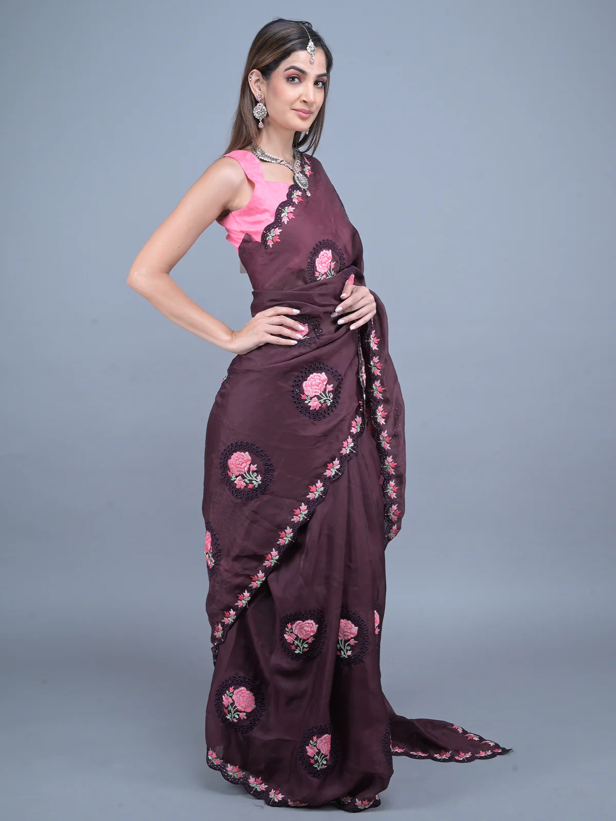 Odette Brown Floral Embroidered Georgette Saree with Unstitched Blouse for Women - Image 2