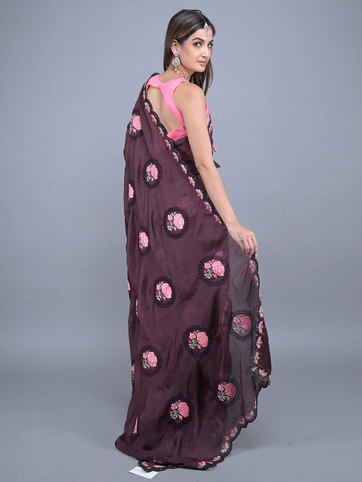 Odette Brown Floral Embroidered Georgette Saree with Unstitched Blouse for Women - Image 3