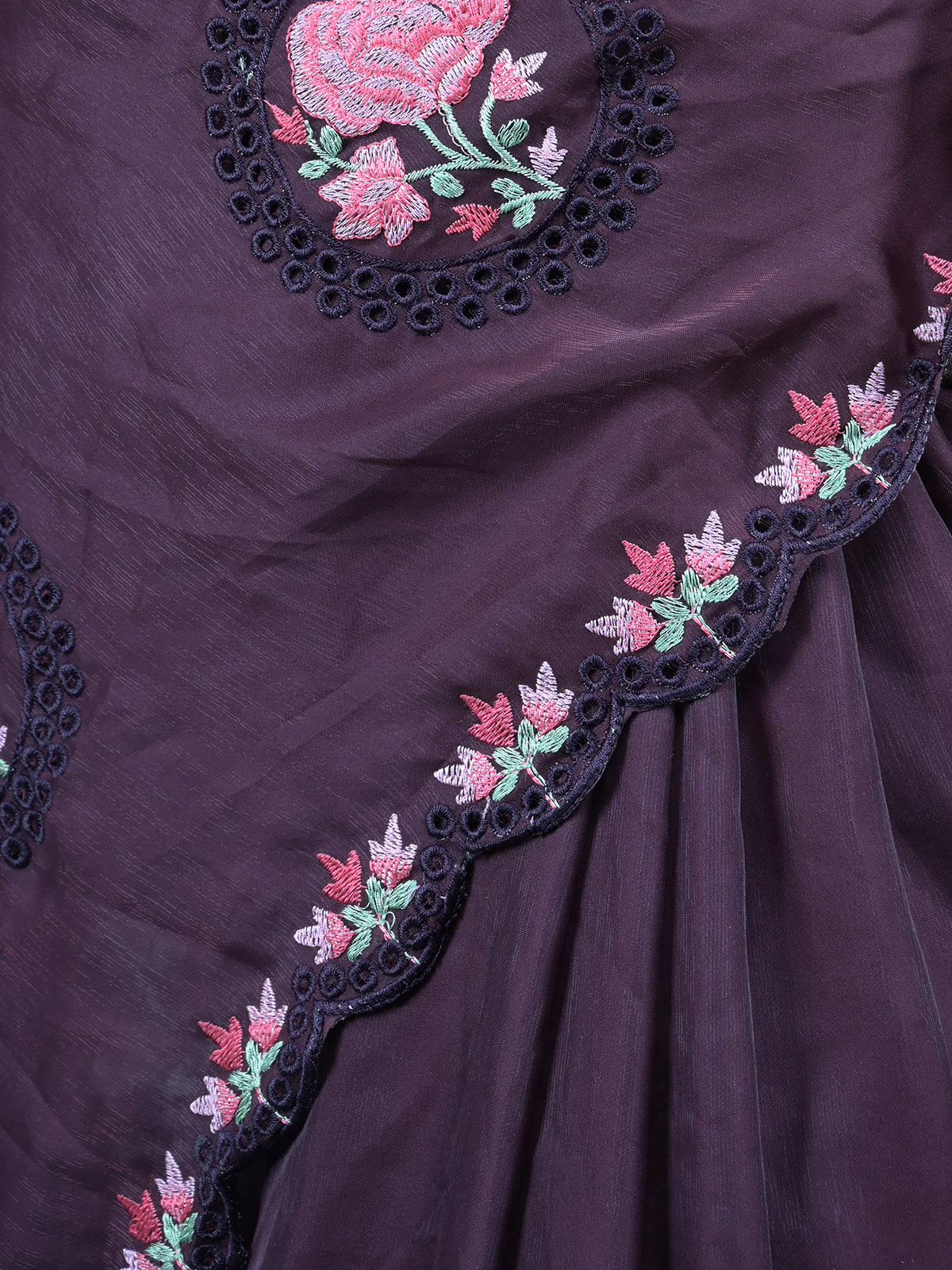 Odette Brown Floral Embroidered Georgette Saree with Unstitched Blouse for Women - Image 5