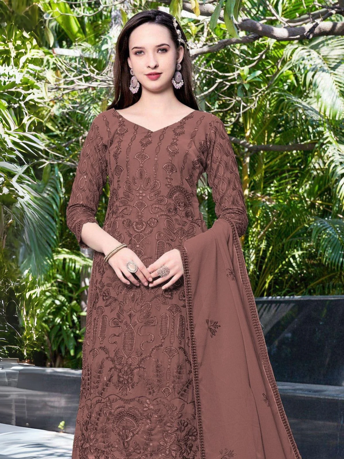 Odette Brown Georgette Embroidered & Cutwork Semi-Sitched Kurta Set For Women - Image 2