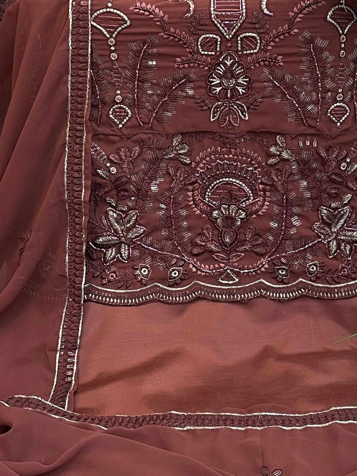 Odette Brown Georgette Embroidered & Cutwork Semi-Sitched Kurta Set For Women - Image 3