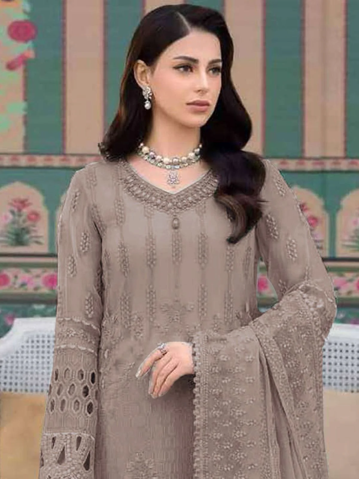 Odette Brown Georgette Embroidered Semi-Stitched Kurta Set For Women - Image 2