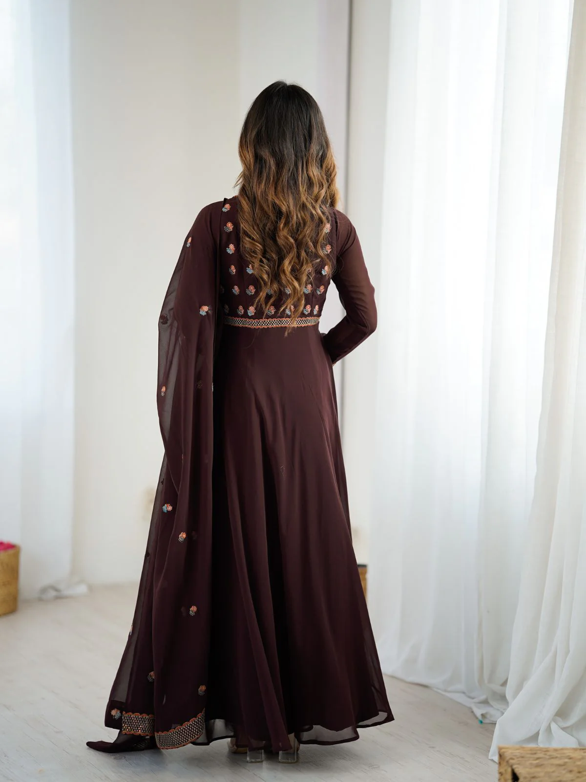 Odette Brown Georgette Embroidered Stitched Kurta Set For Women - Image 2