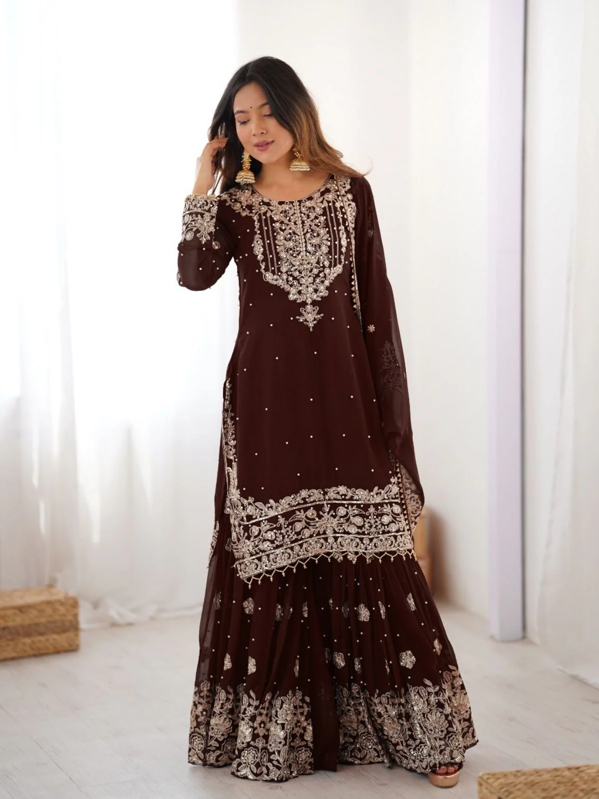 Odette Brown Georgette Embroidered Stitched Kurta Set For Women - Image 2