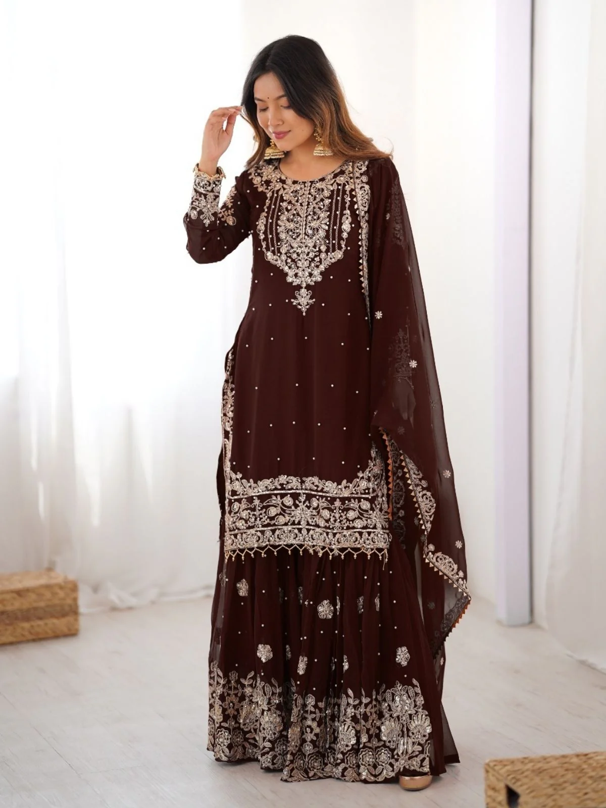 Odette Brown Georgette Embroidered Stitched Kurta Set For Women - Image 3