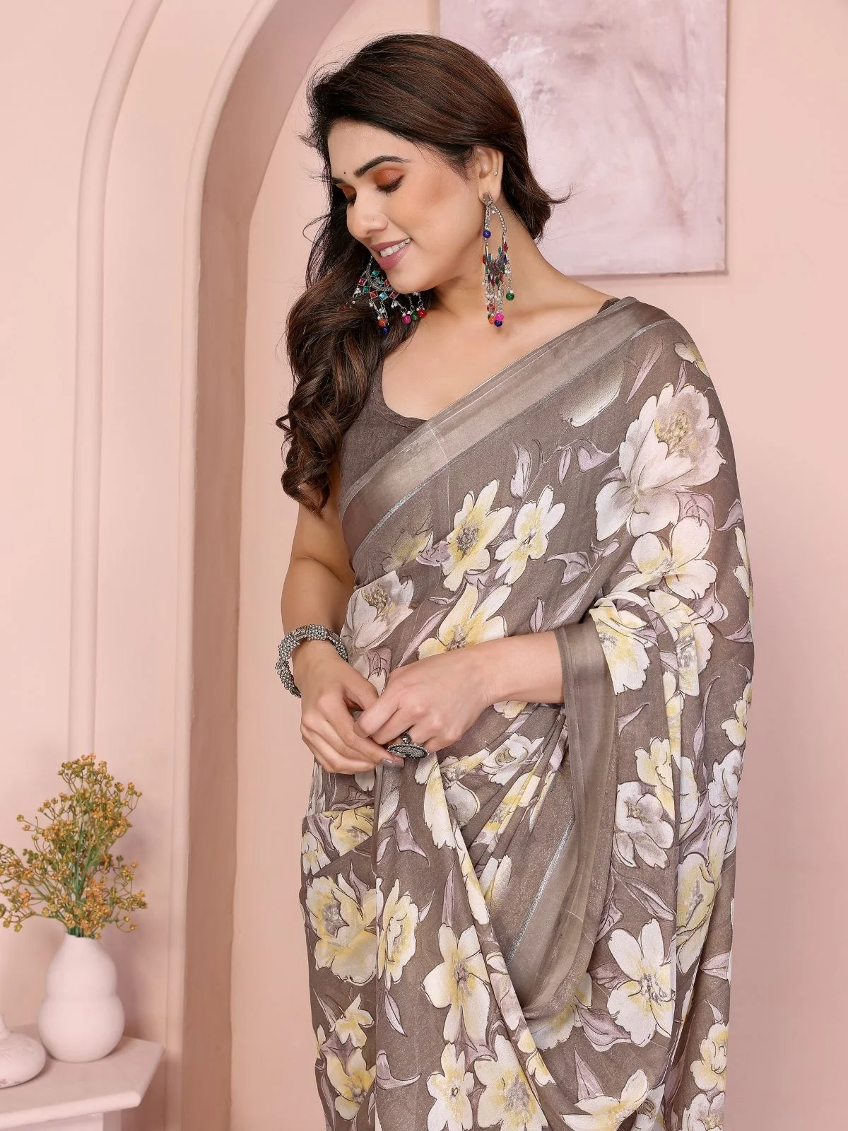 Odette Brown Georgette Floral Print Saree For Women - Image 4