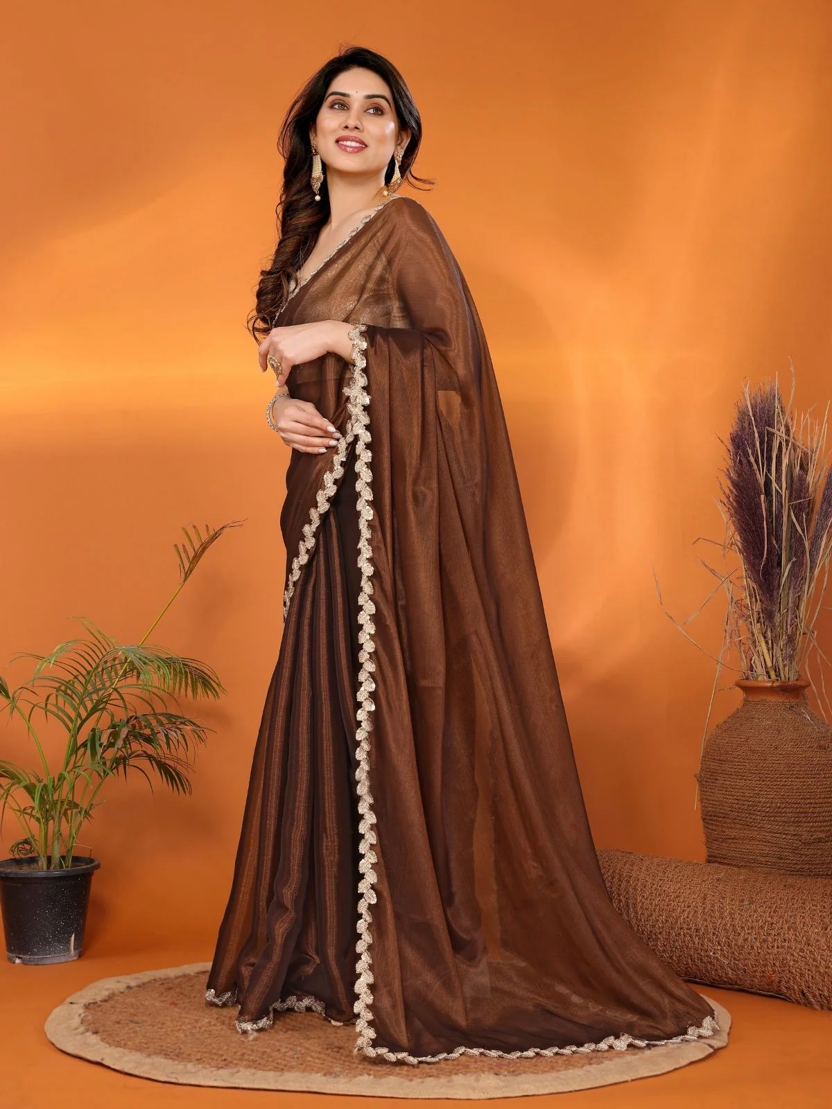 Odette Brown Georgette Lace Work Saree For Women - Image 2