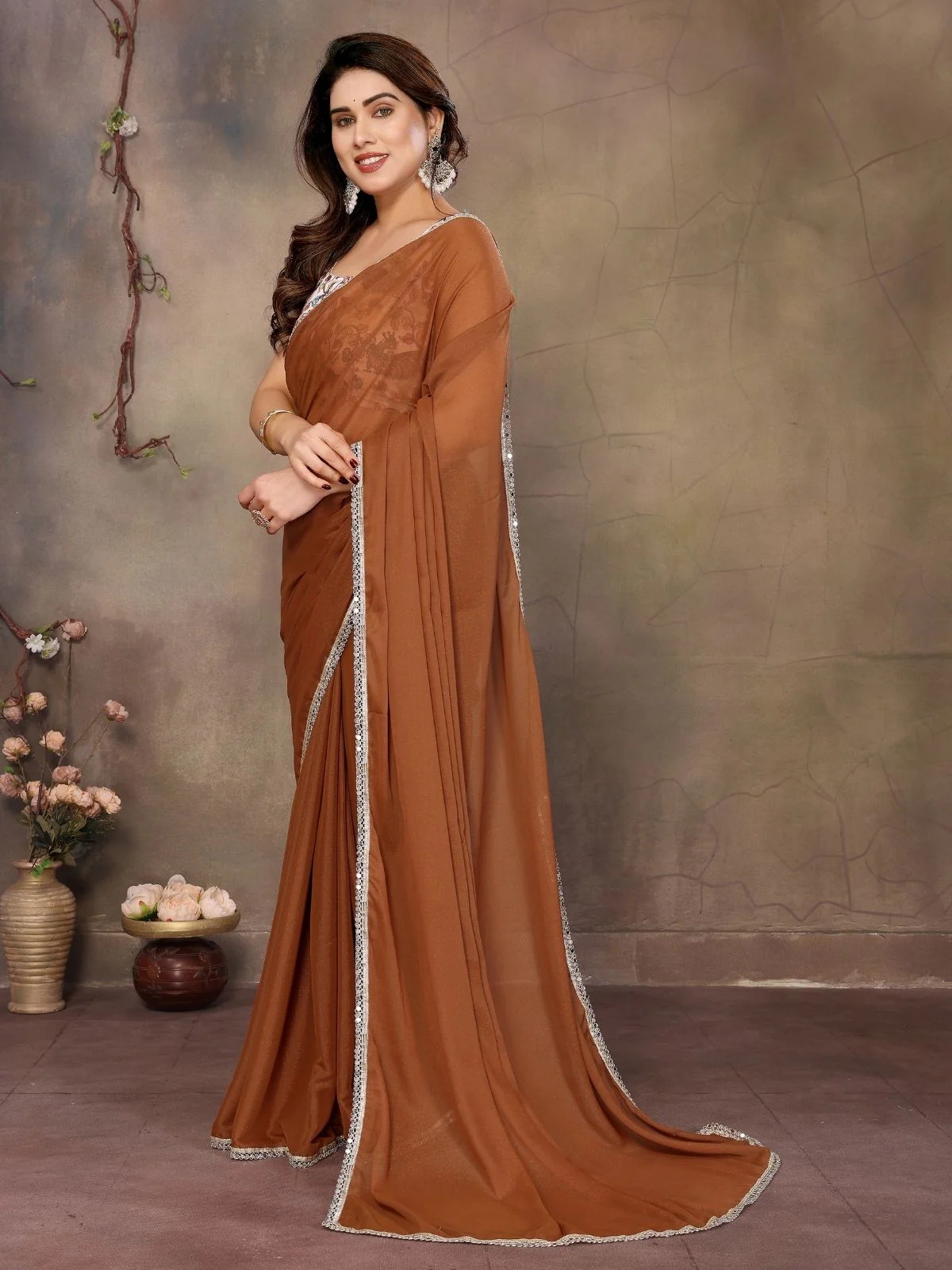 Odette Brown Georgette Plain Saree With Unstitched Blouse For Women - Image 3