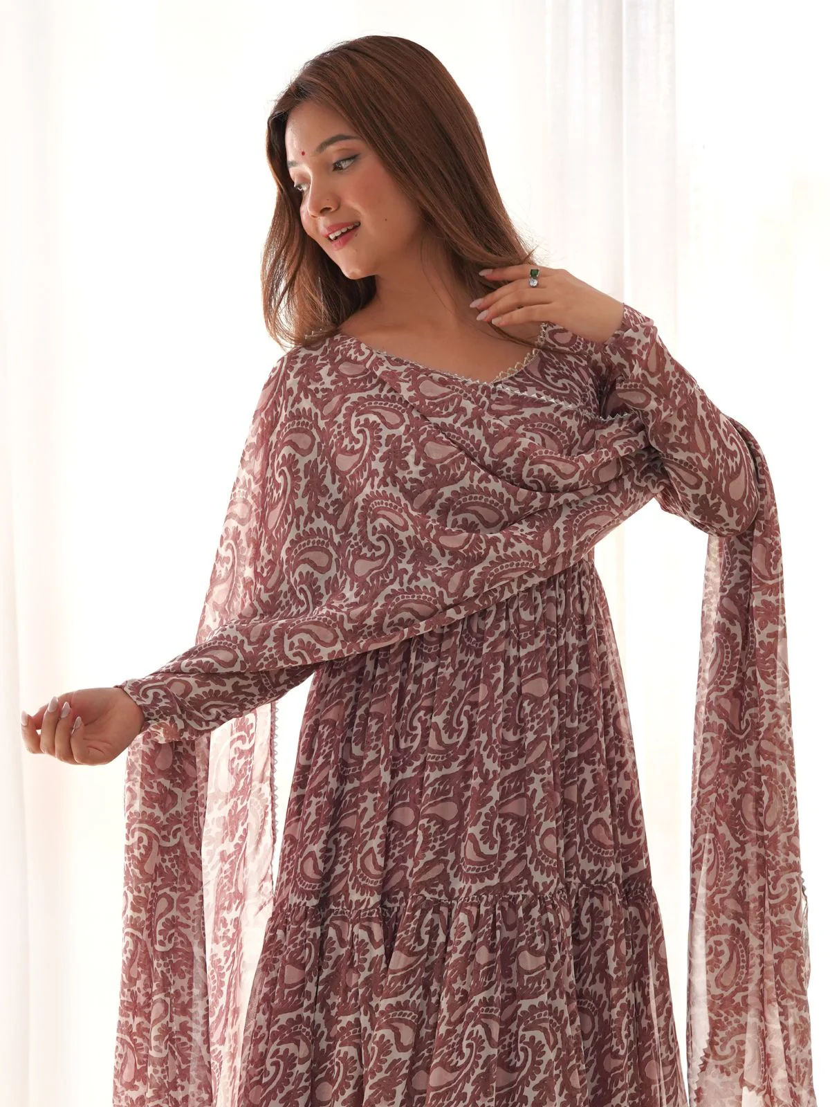 Odette Brown Georgette Printed Kurta Set For Women - Image 3