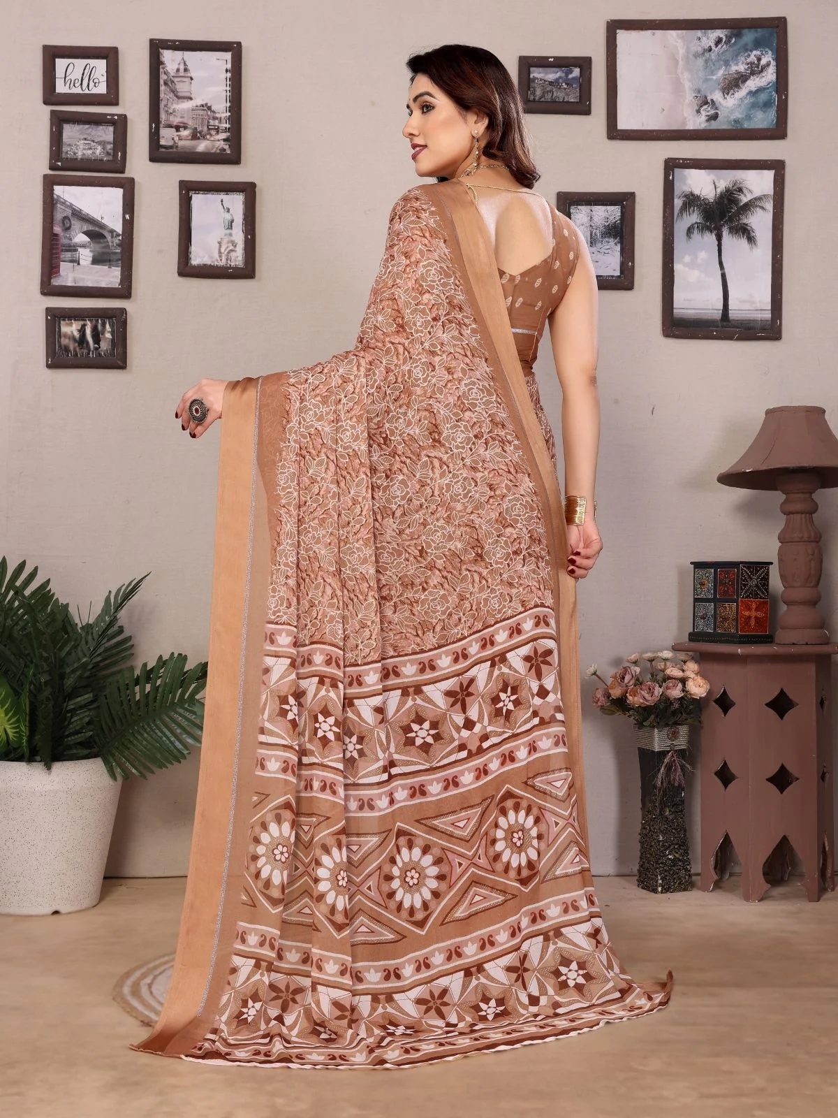 Odette Brown Georgette Printed Saree For Women - Image 3