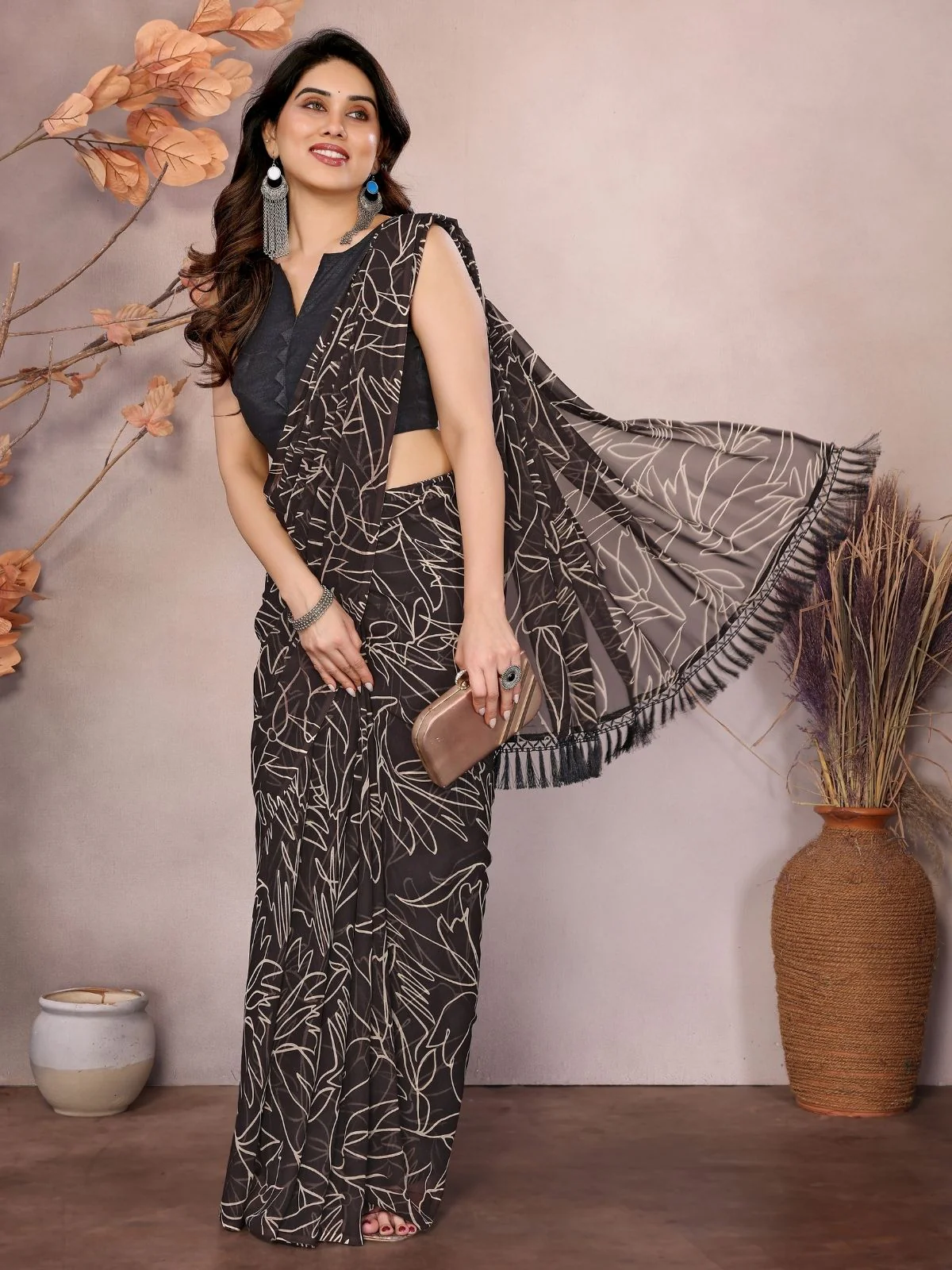 Odette Brown Georgette Printed Saree With Unstitched Blouse For Women - Image 6