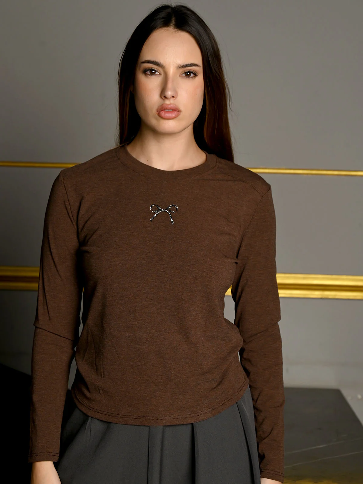 Odette Brown Jersey Solid Top For Women - Image 2