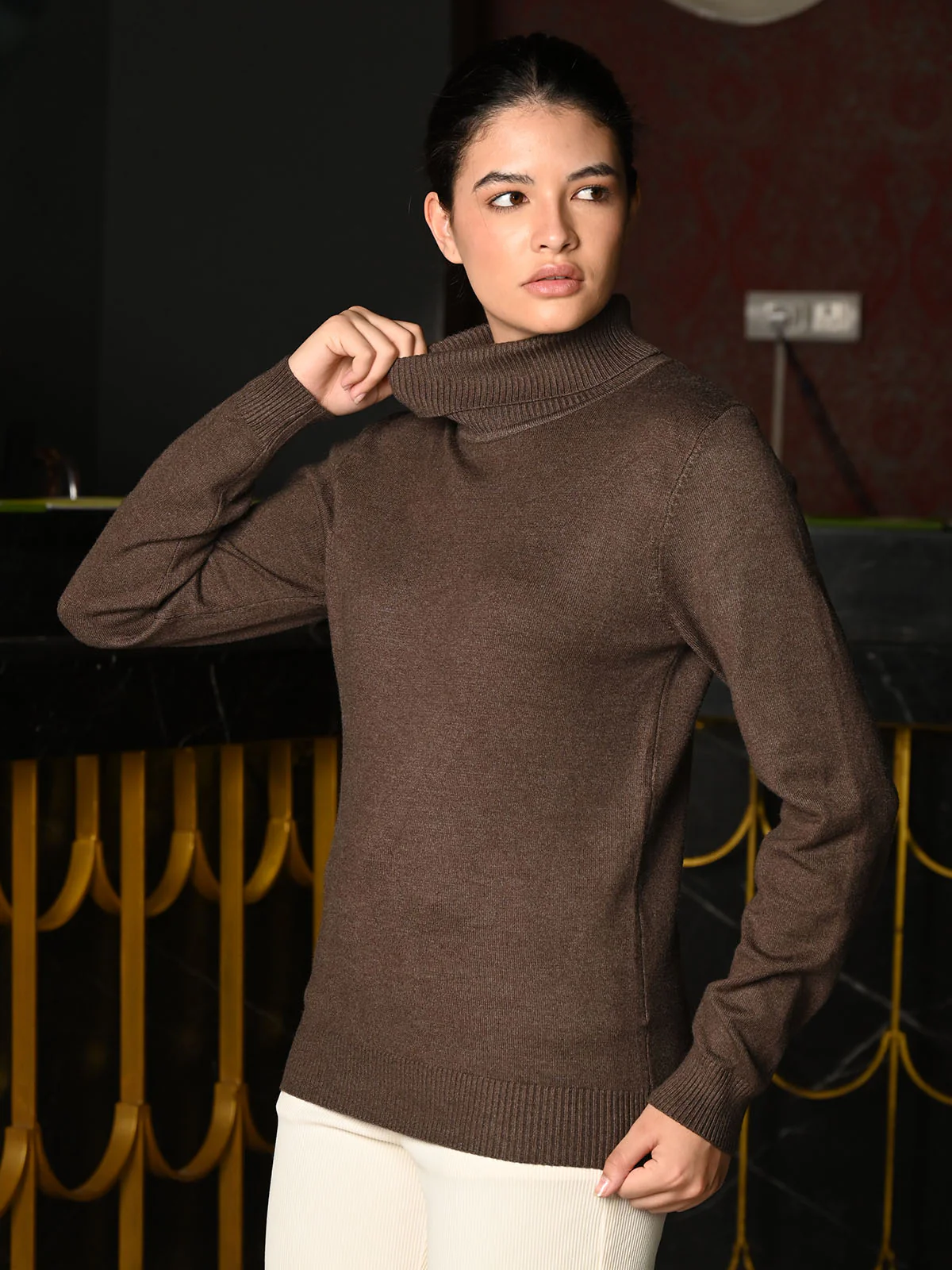 Odette Brown Knit High Neck Full Sleeves Solid Top For Women - Image 2