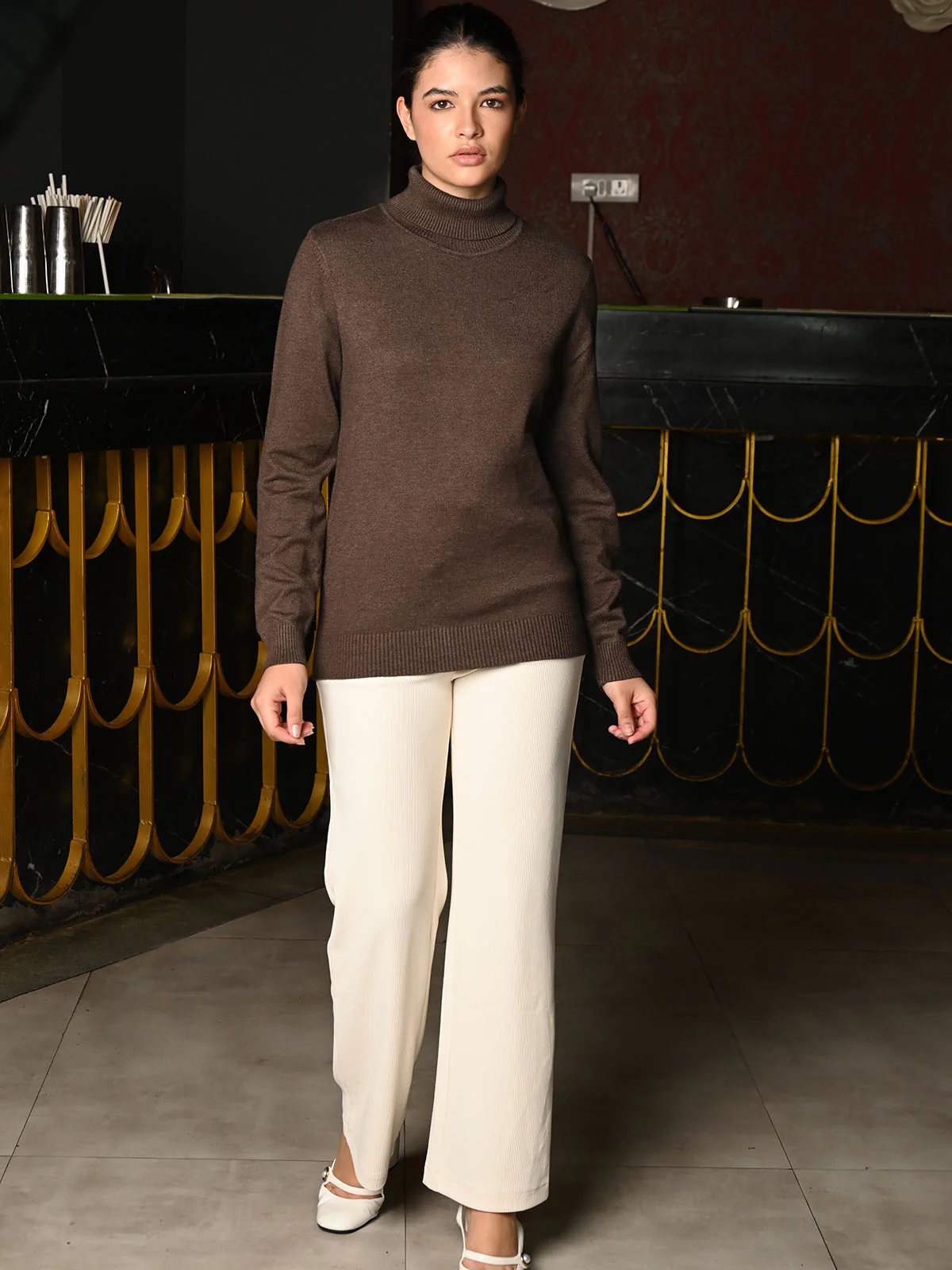 Odette Brown Knit High Neck Full Sleeves Solid Top For Women - Image 5