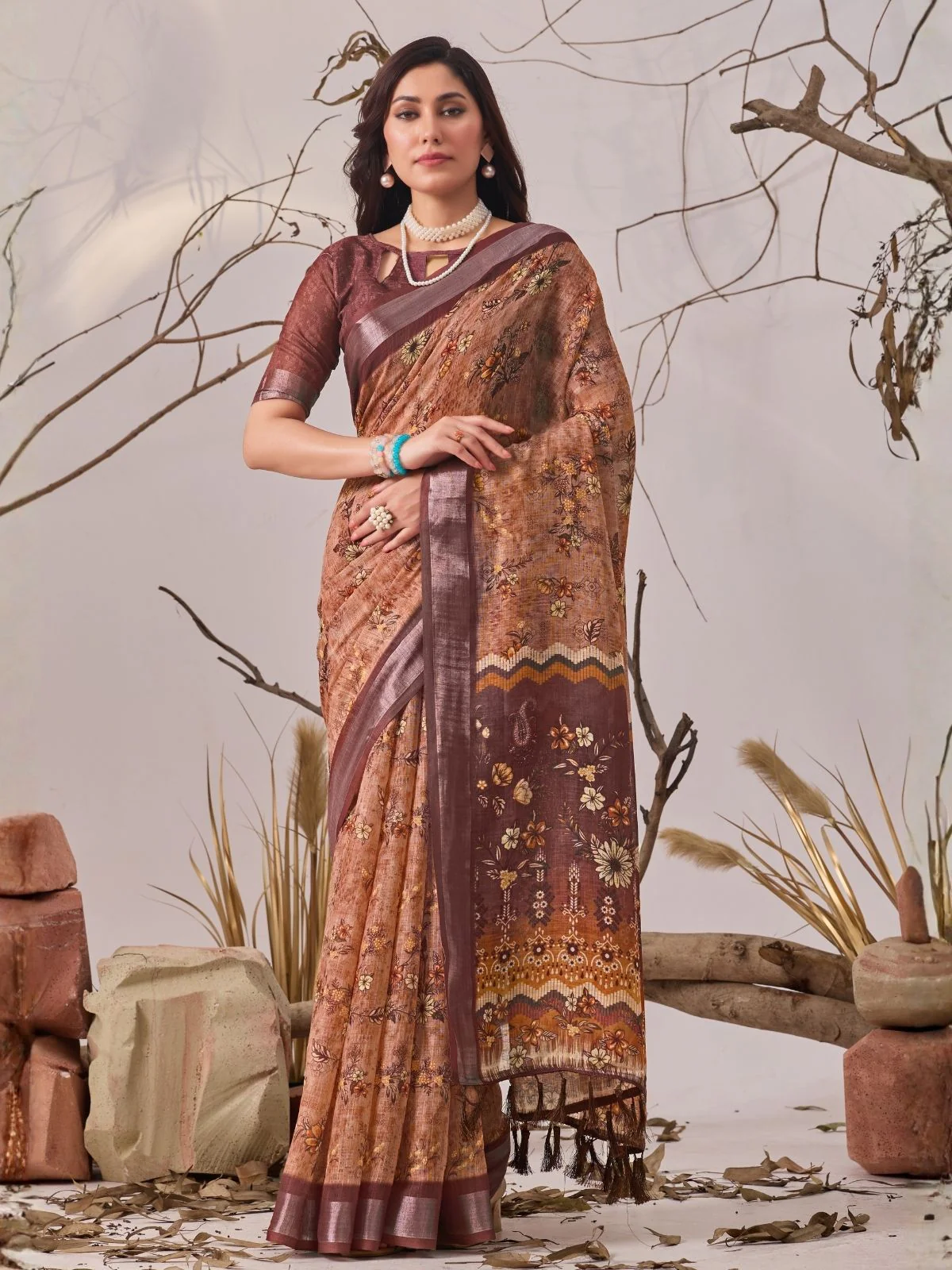 Odette Brown Linen Cotton Printed Saree For Women - Image 4