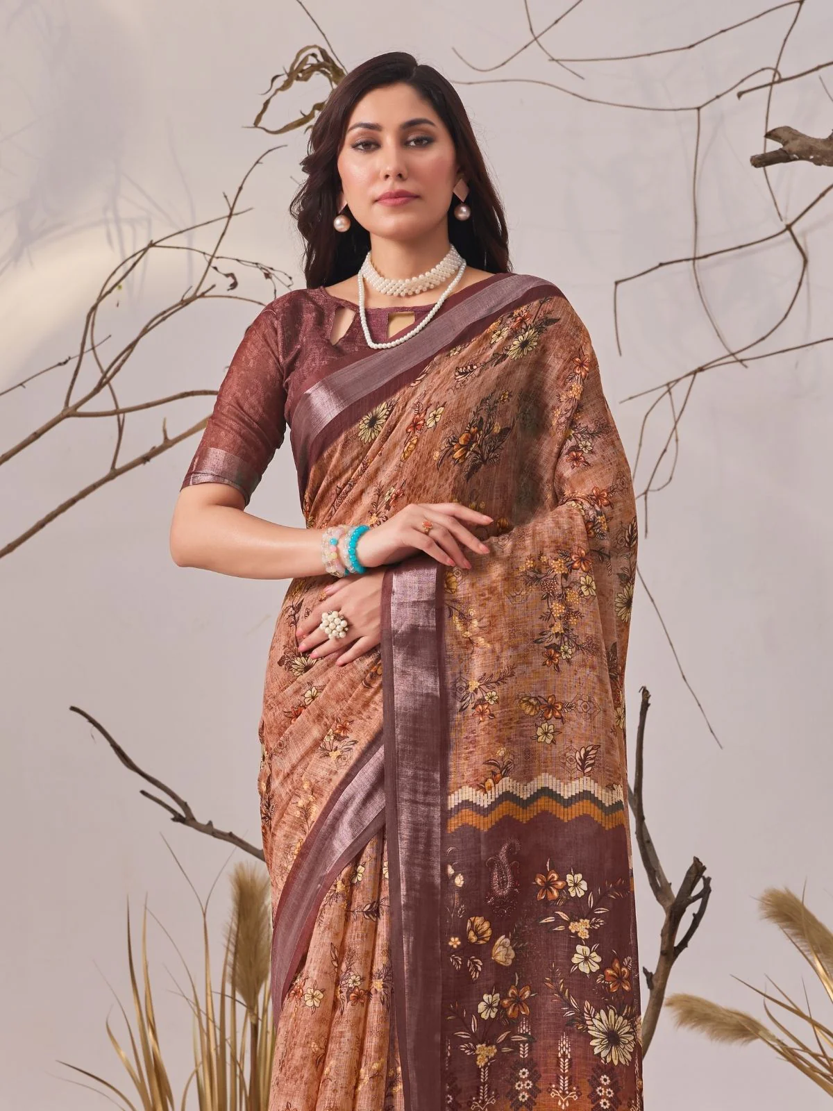 Odette Brown Linen Cotton Printed Saree For Women - Image 6