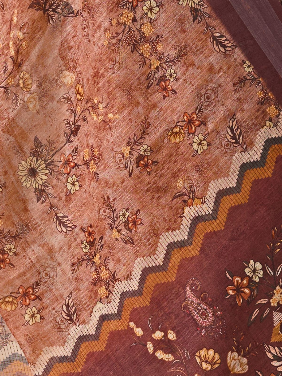 Odette Brown Linen Cotton Printed Saree For Women - Image 7