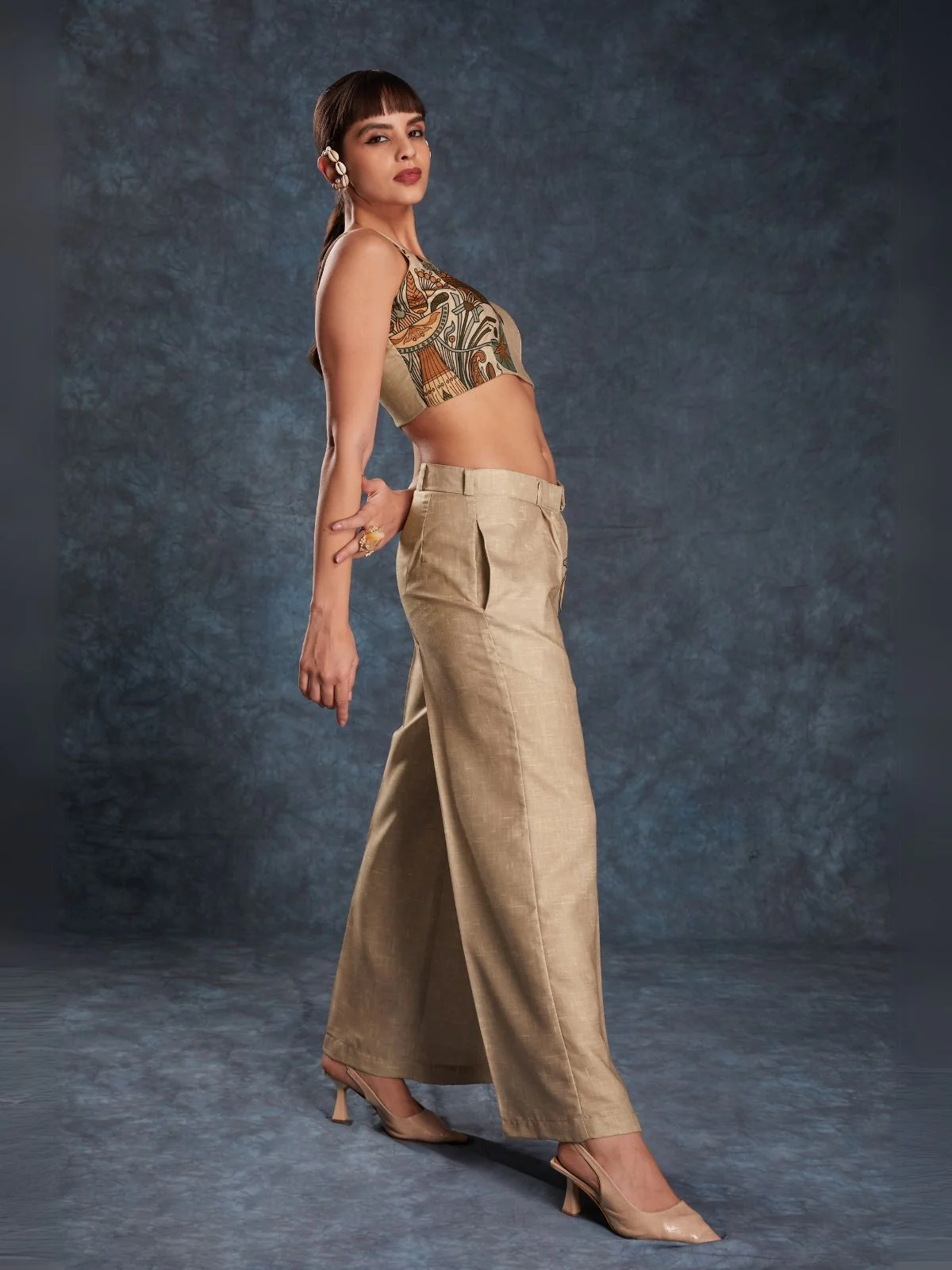Odette Brown Linen Printed Stitched Co-Ord Set For Women - Image 3