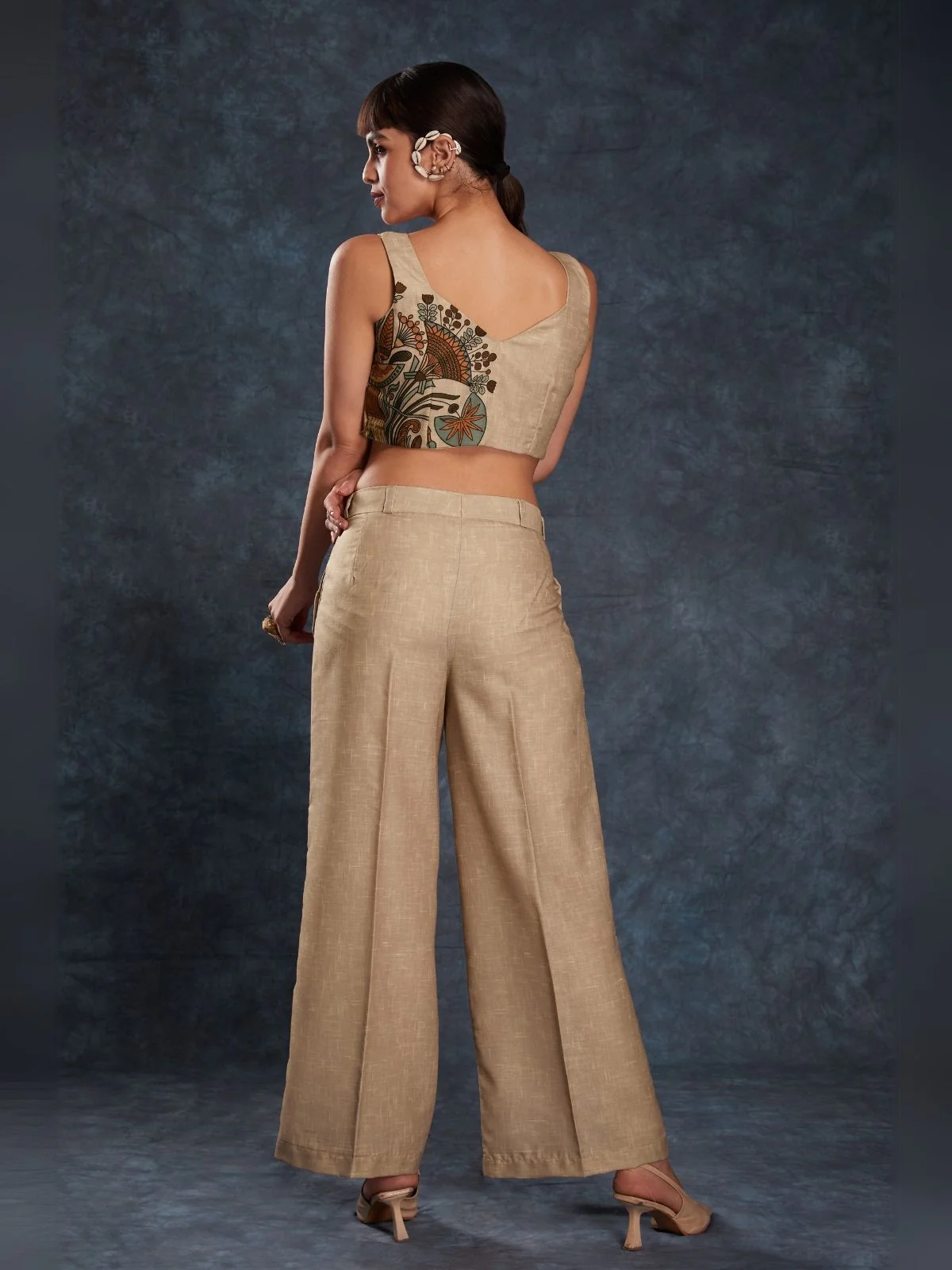 Odette Brown Linen Printed Stitched Co-Ord Set For Women - Image 4