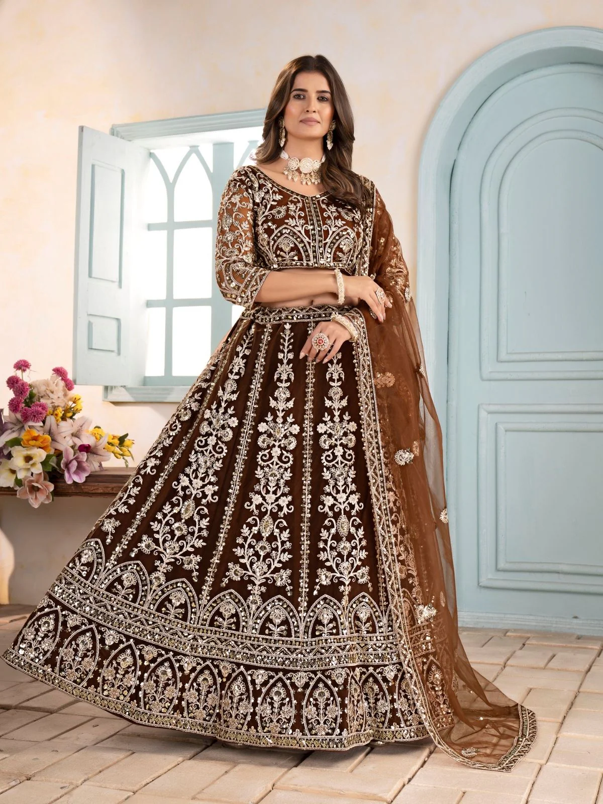 Odette Brown Net Embellished Semi Stitched Lehenga For Women - Image 2
