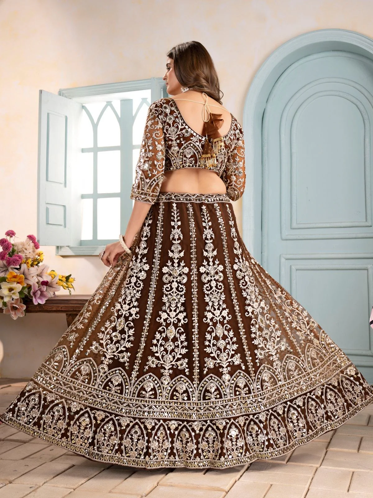 Odette Brown Net Embellished Semi Stitched Lehenga For Women - Image 3