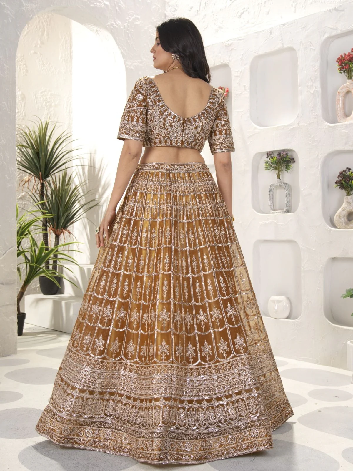 Odette Brown Net Embellished Semi Stitched Lehenga For Women - Image 3