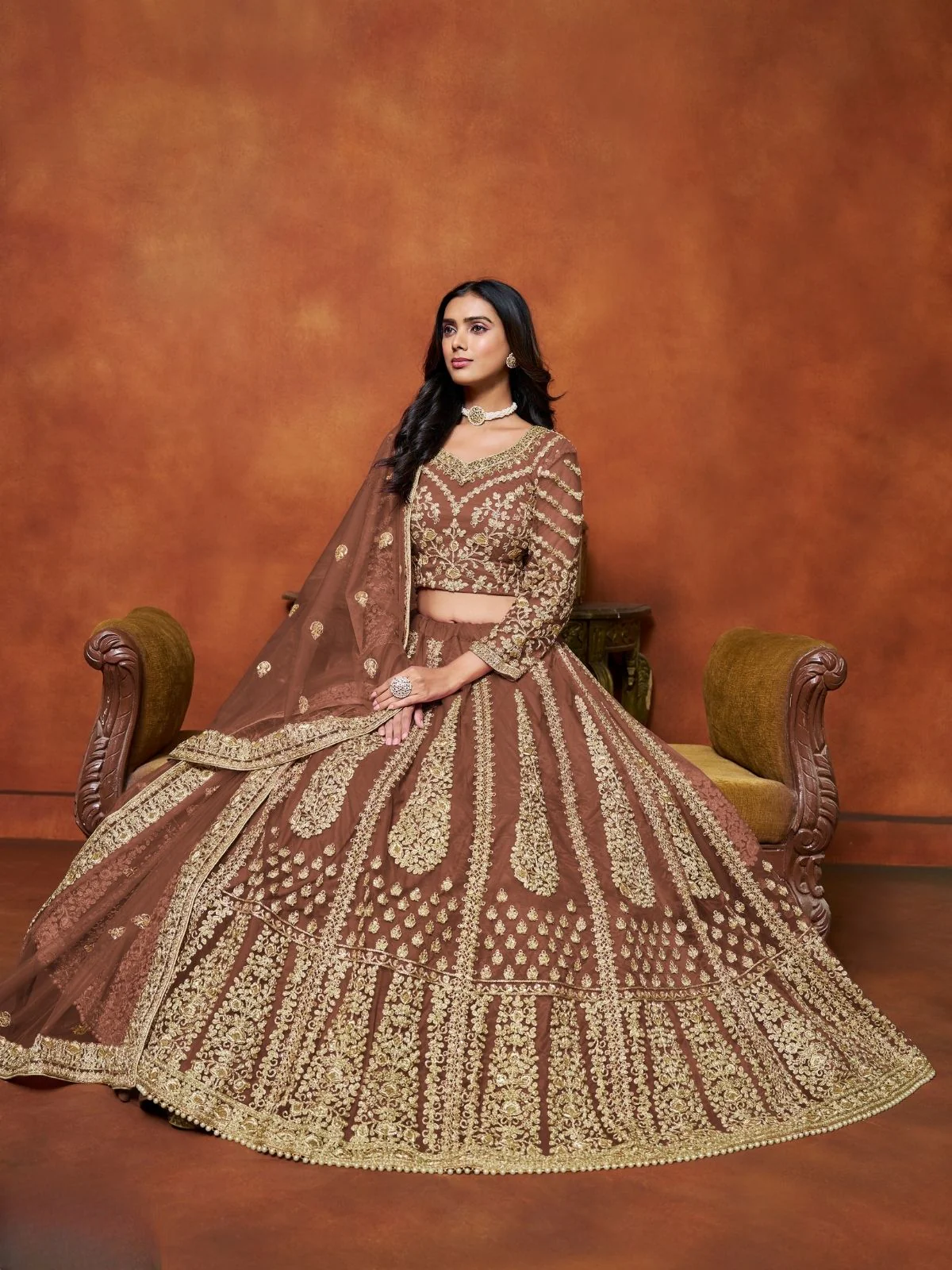 Odette Brown Net Embroidered Semi-Stitched lehenga For Women - Image 2