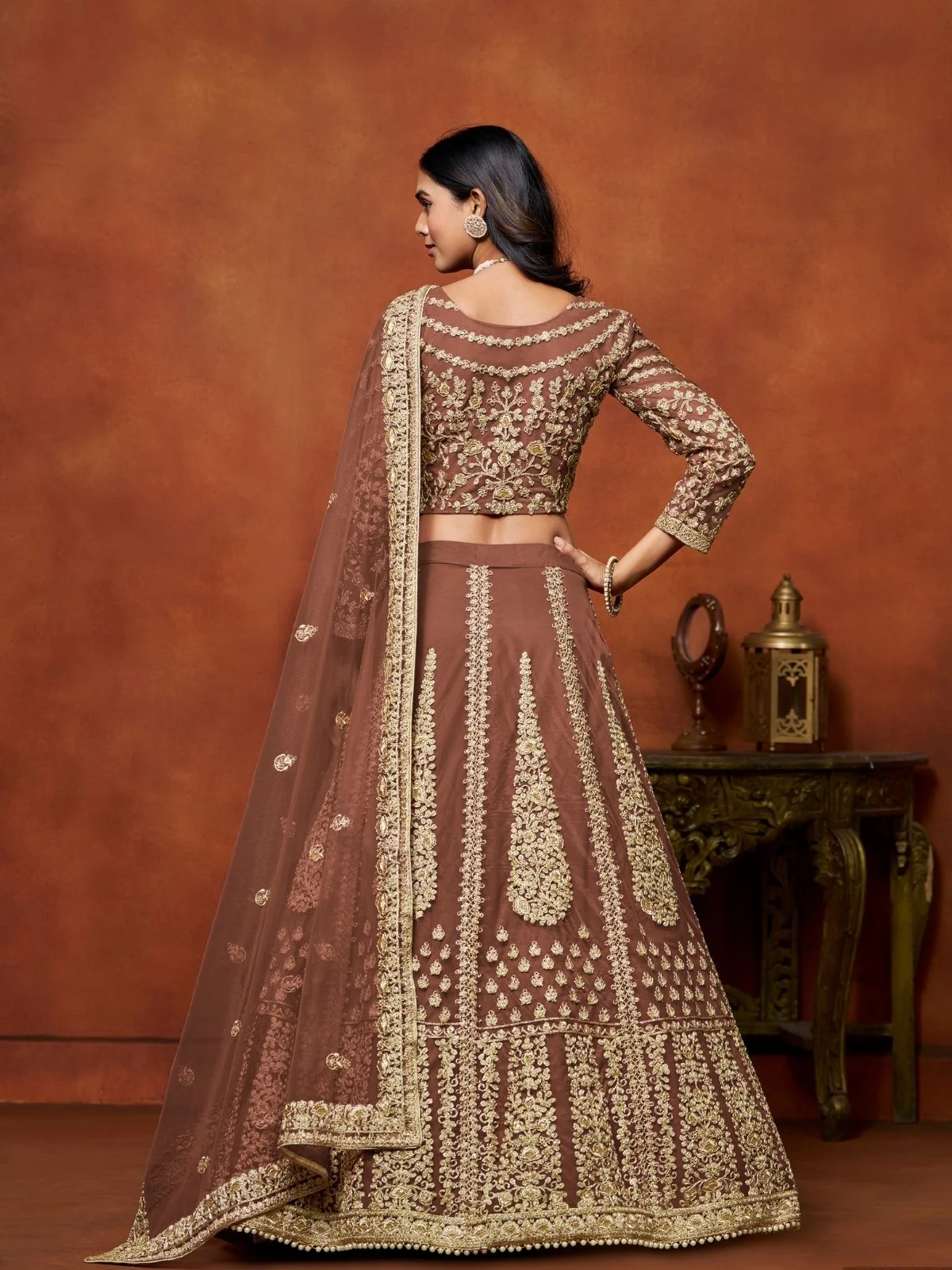 Odette Brown Net Embroidered Semi-Stitched lehenga For Women - Image 3