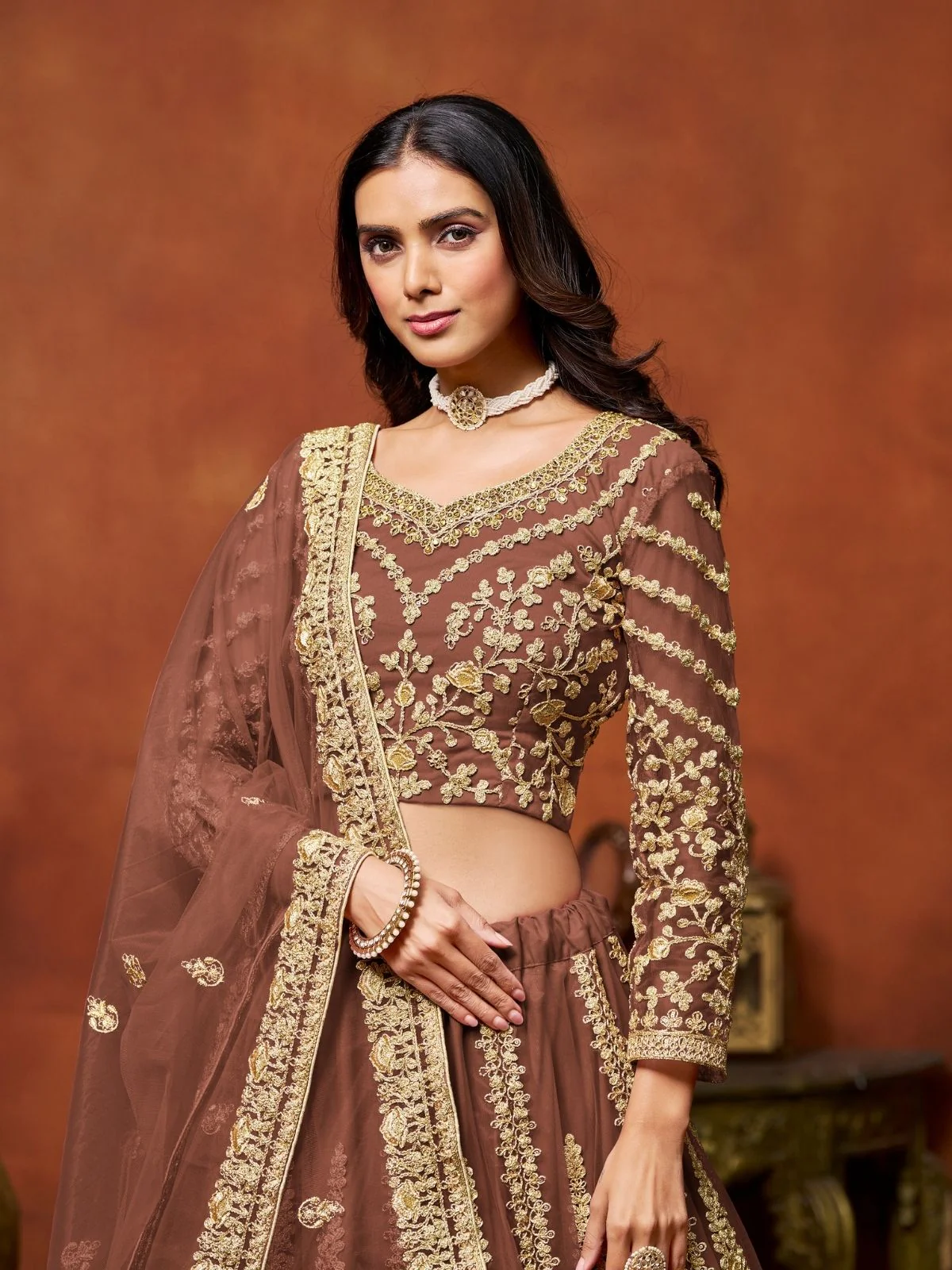 Odette Brown Net Embroidered Semi-Stitched lehenga For Women - Image 4