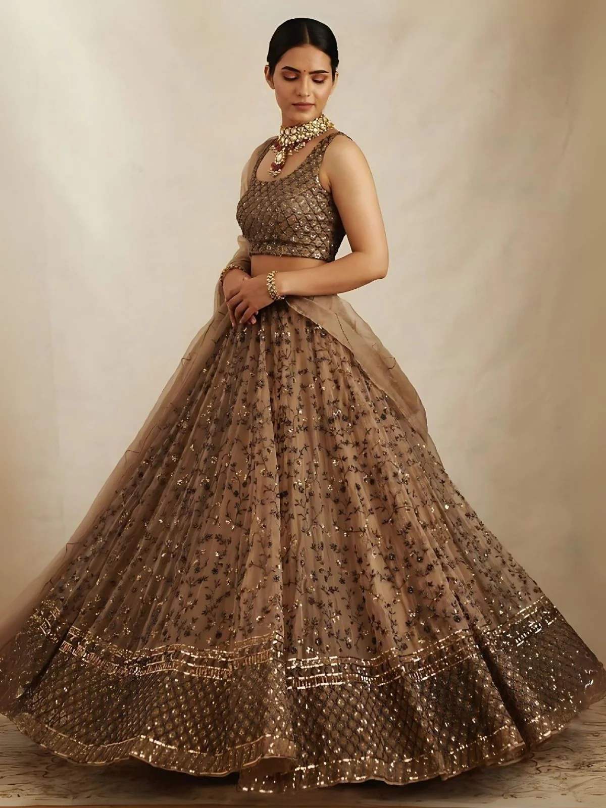 Odette Brown Net Embroidered Semi-Stitched Lehenga For Women - Image 4