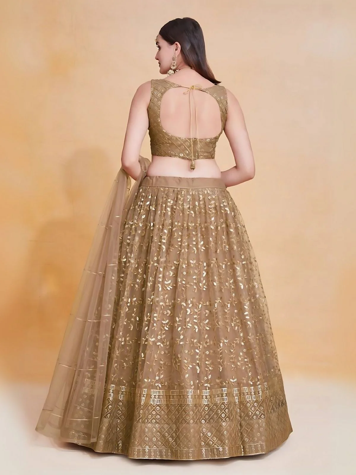 Odette Brown Net Embroidered Semi-Stitched Lehenga For Women - Image 2