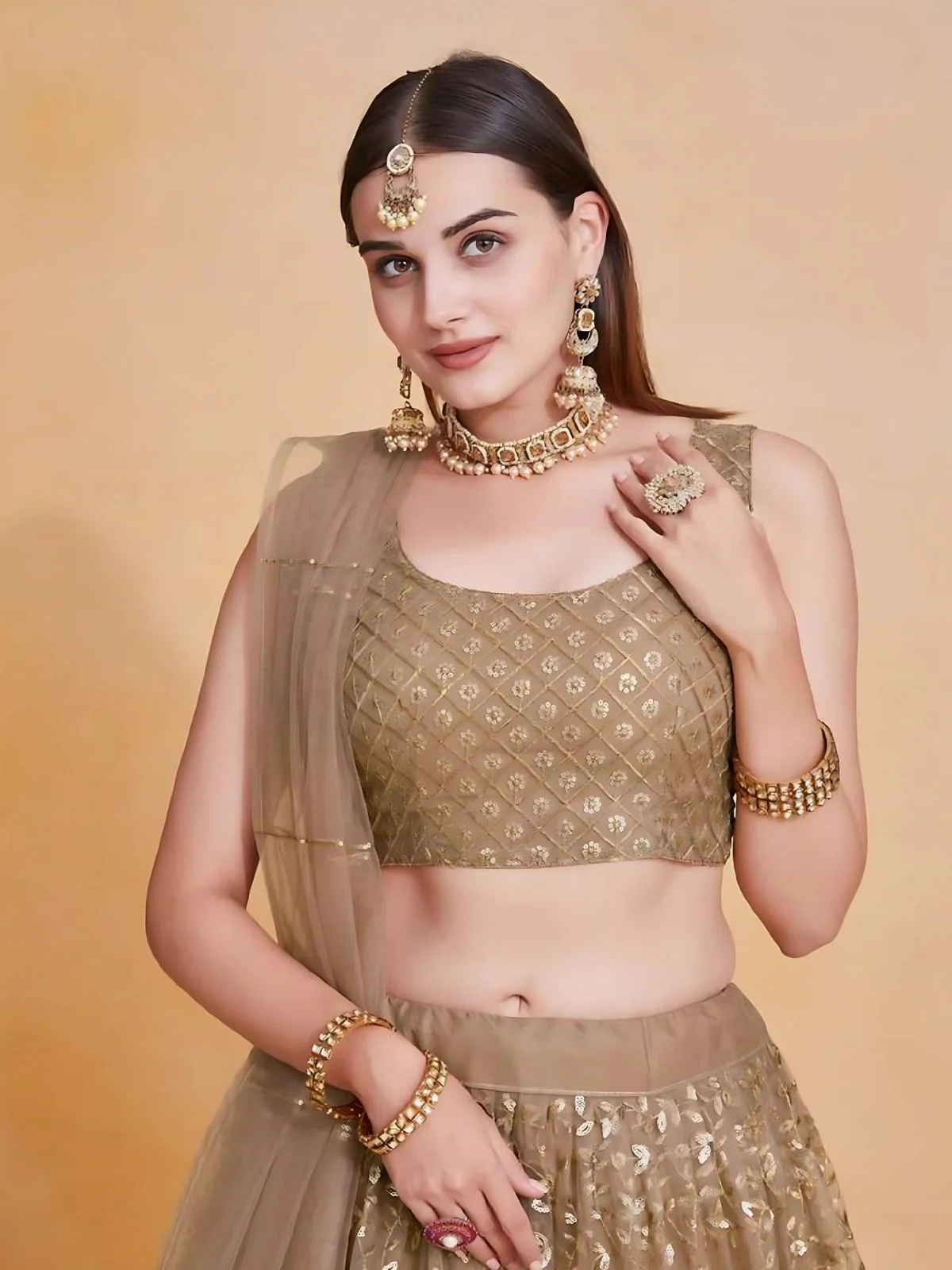 Odette Brown Net Embroidered Semi-Stitched Lehenga For Women - Image 3