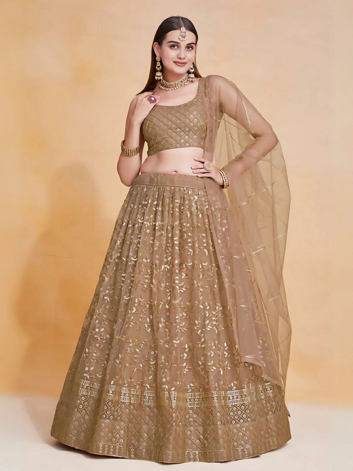 Odette Brown Net Embroidered Semi-Stitched Lehenga For Women - Image 6