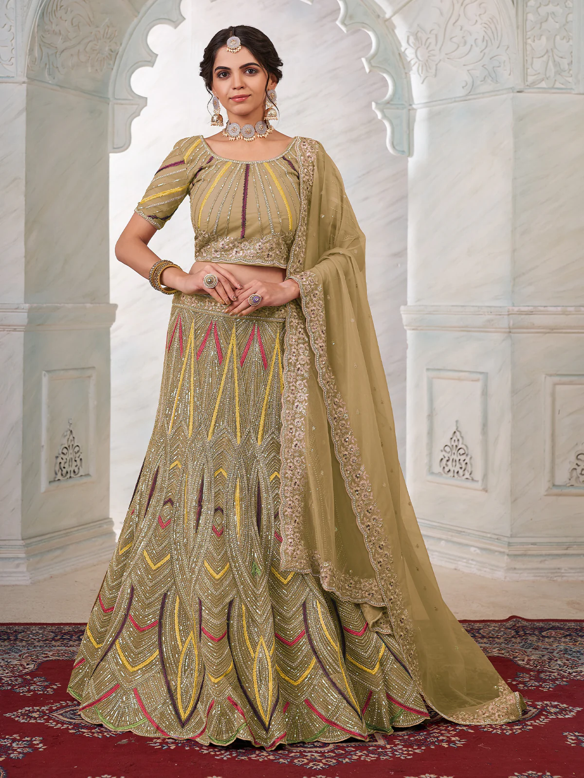 Odette Brown Net Embroidered Semi Stitched Lehenga With Unstitched Blouse for Women