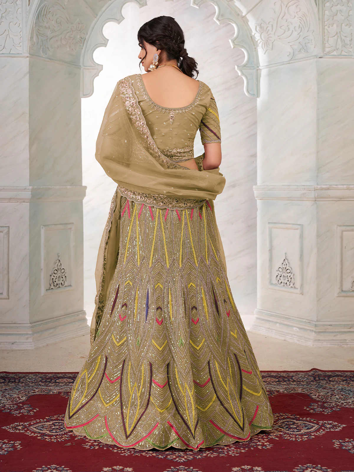 Odette Brown Net Embroidered Semi Stitched Lehenga With Unstitched Blouse for Women - Image 3