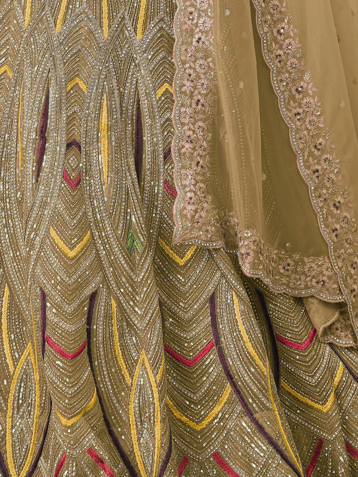 Odette Brown Net Embroidered Semi Stitched Lehenga With Unstitched Blouse for Women - Image 5