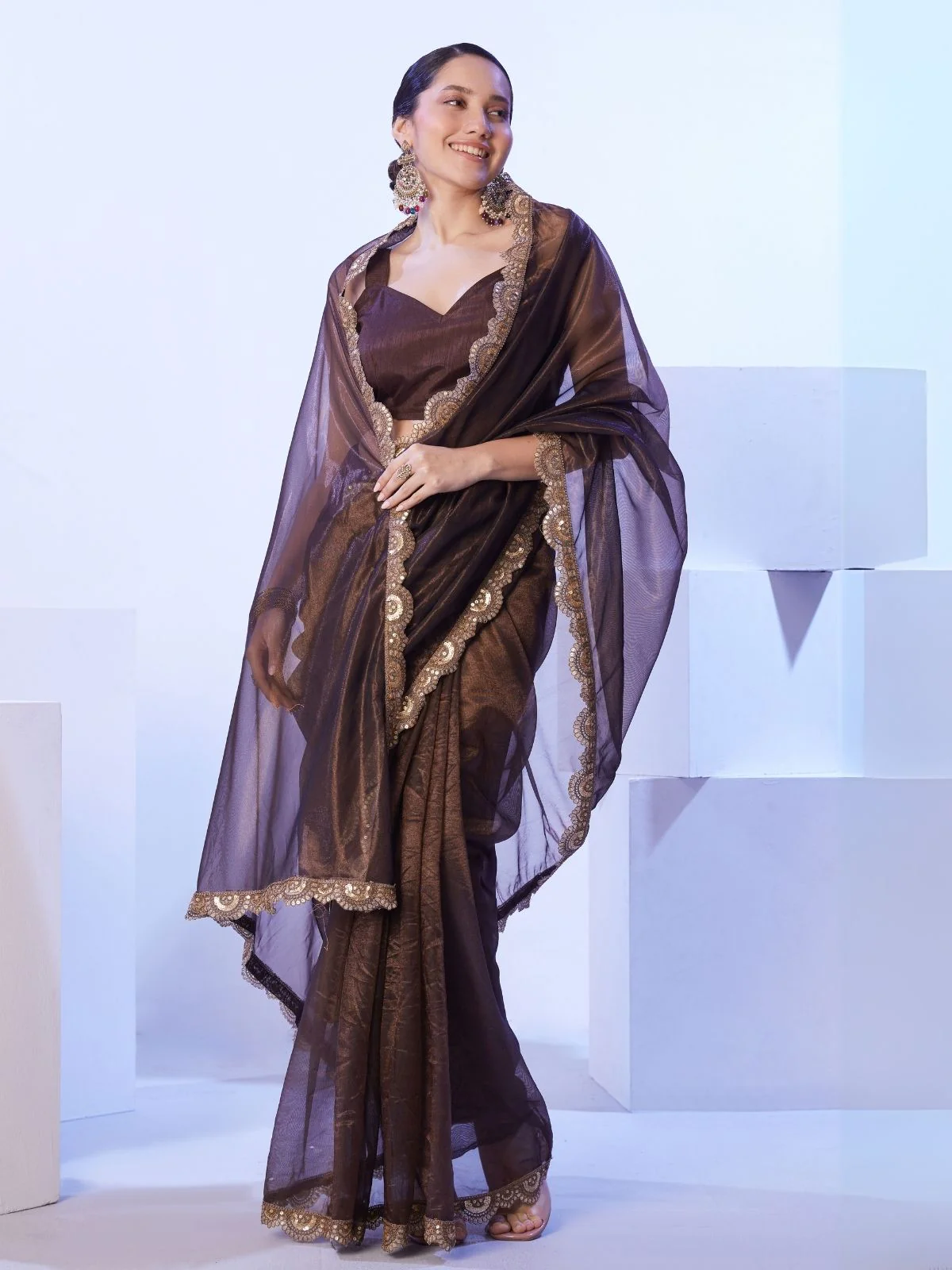 Odette Brown Net Lace Work Saree With Unstitched Blouse For Women - Image 3