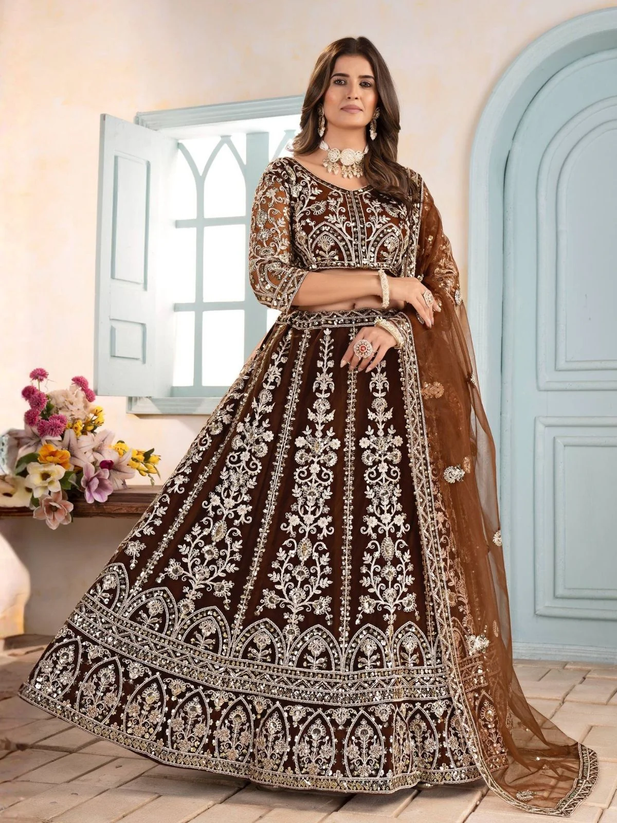 Odette Brown Net Sequence Embroidered Semi-Stitched Lehenga For Women