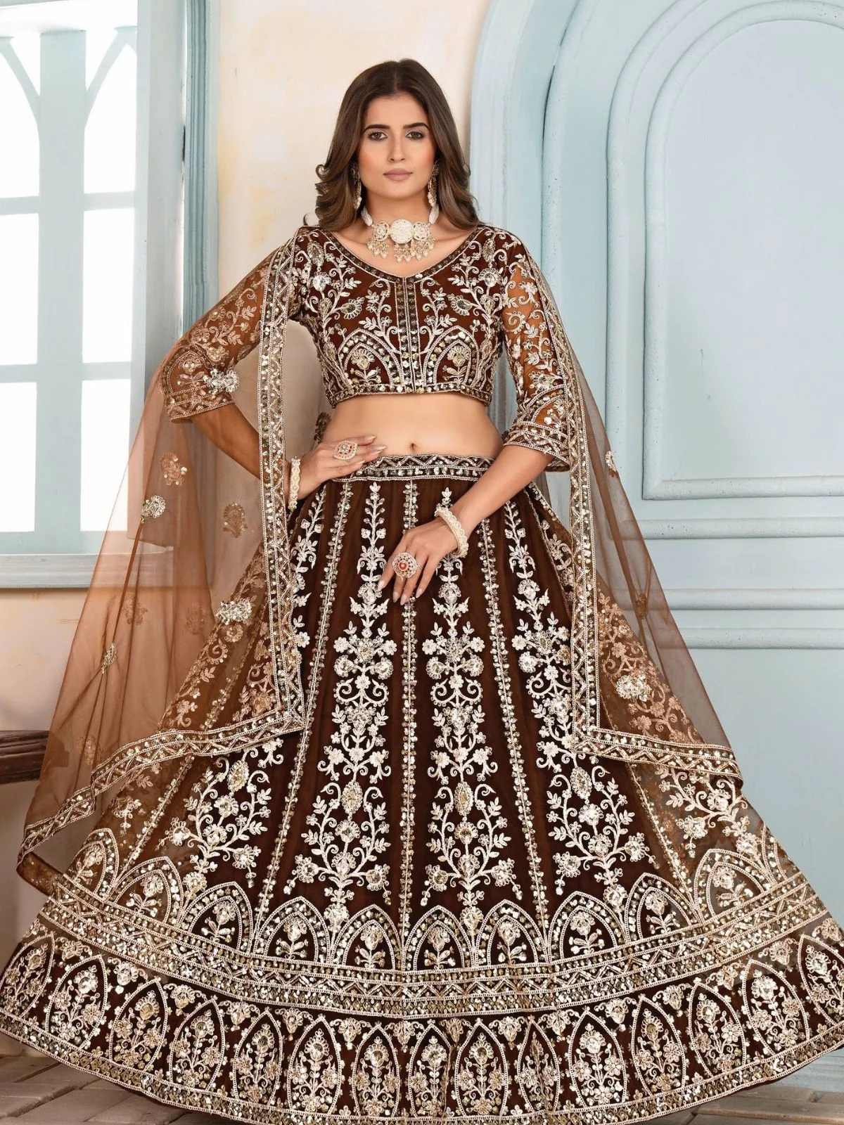 Odette Brown Net Sequence Embroidered Semi-Stitched Lehenga For Women - Image 3
