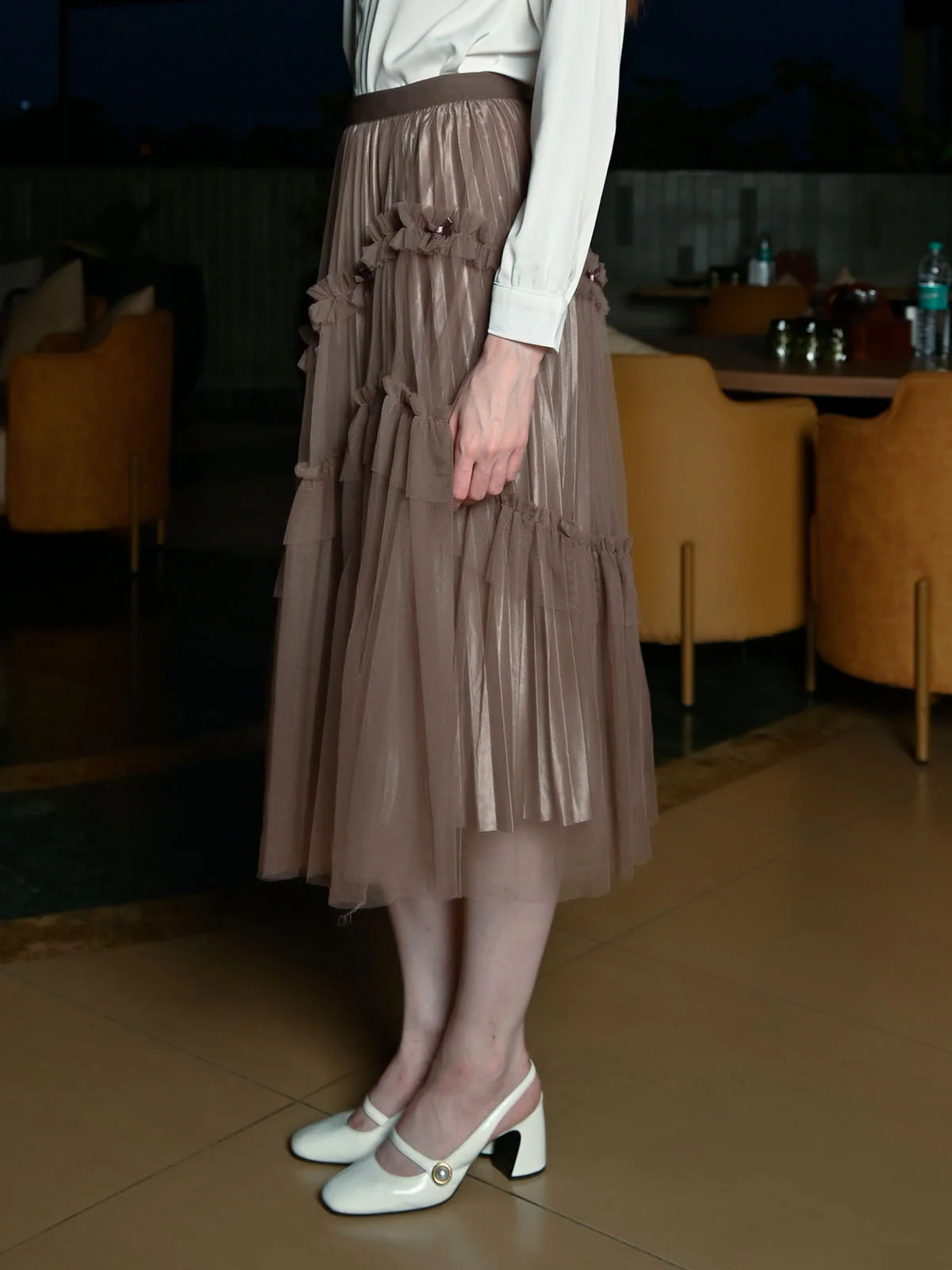 Odette Brown Net Solid Skirt For Women - Image 3
